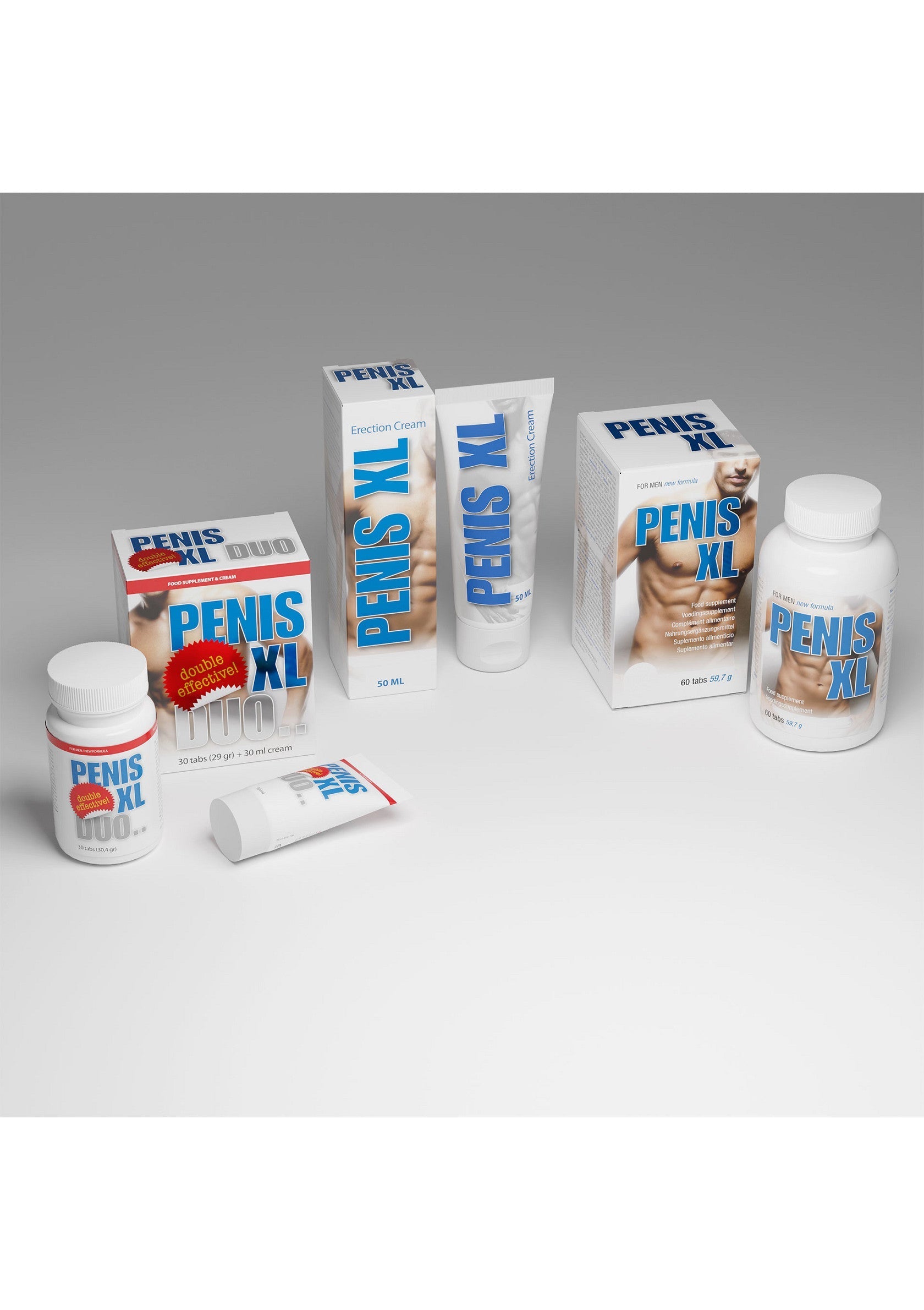 Présentation de produits Penis XL : crème, pilules et pack duo pour l'amélioration masculine. ; Penis XL producten: crème, pillen en duo-pakket voor mannelijke verbetering. ; Penis XL products: cream, pills and duo pack for male enhancement. 