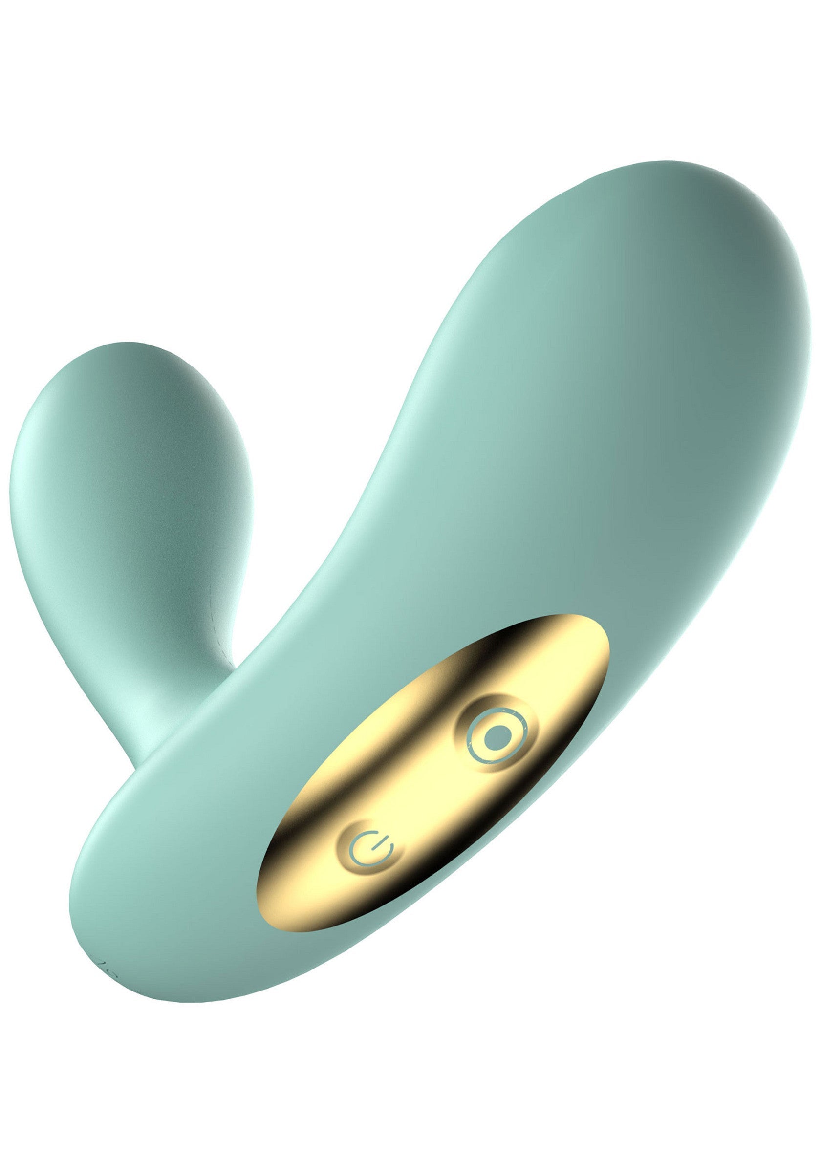 Vibromasseur double stimulation bleu turquoise avec commandes dorées. Pour un plaisir intense et varié.; Dubbele stimulator vibrator in turquoise blauw met gouden bediening. Voor intens en gevarieerd plezier.; Teal dual stimulator vibrator with gold controls. For intense and varied pleasure.