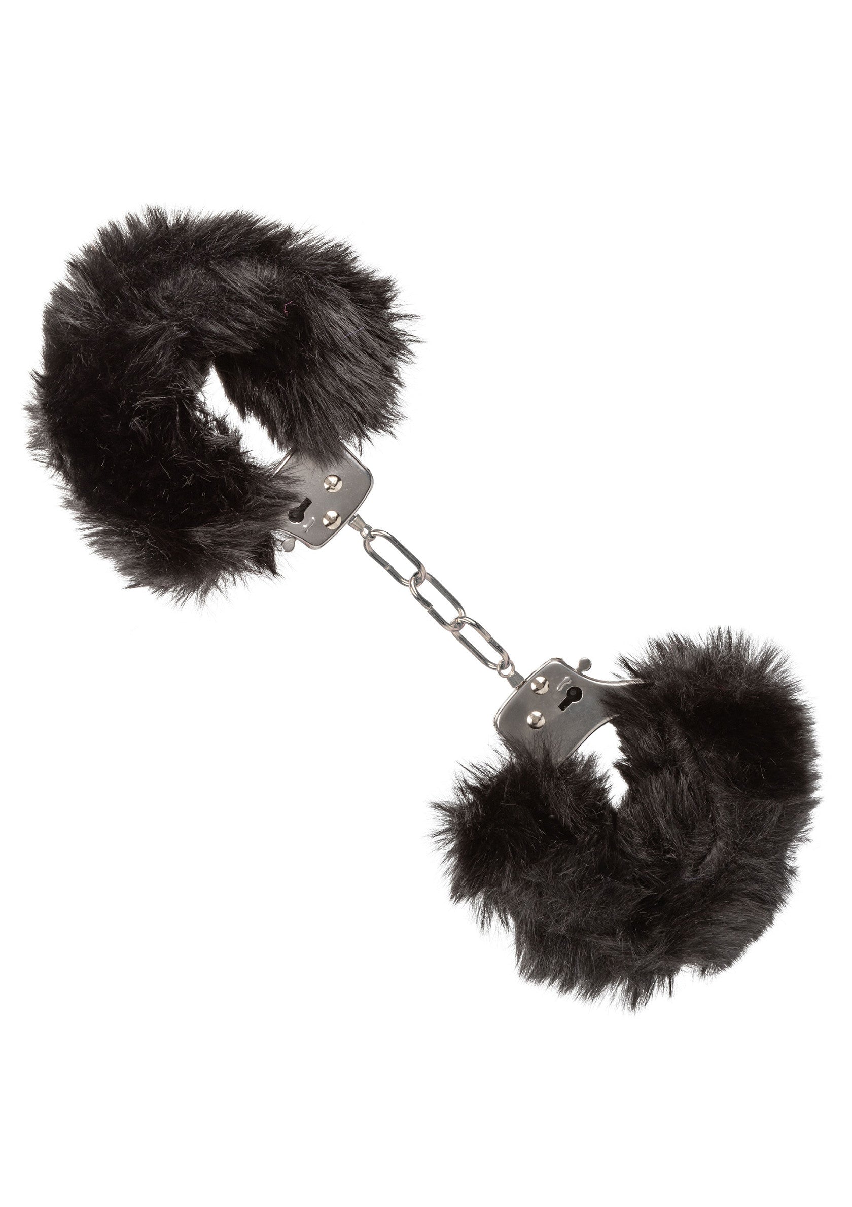 Menottes en fourrure noire pour jeux coquins.; Zwarte, pluizige handboeien voor ondeugende spelletjes.; Black furry handcuffs for kinky games.