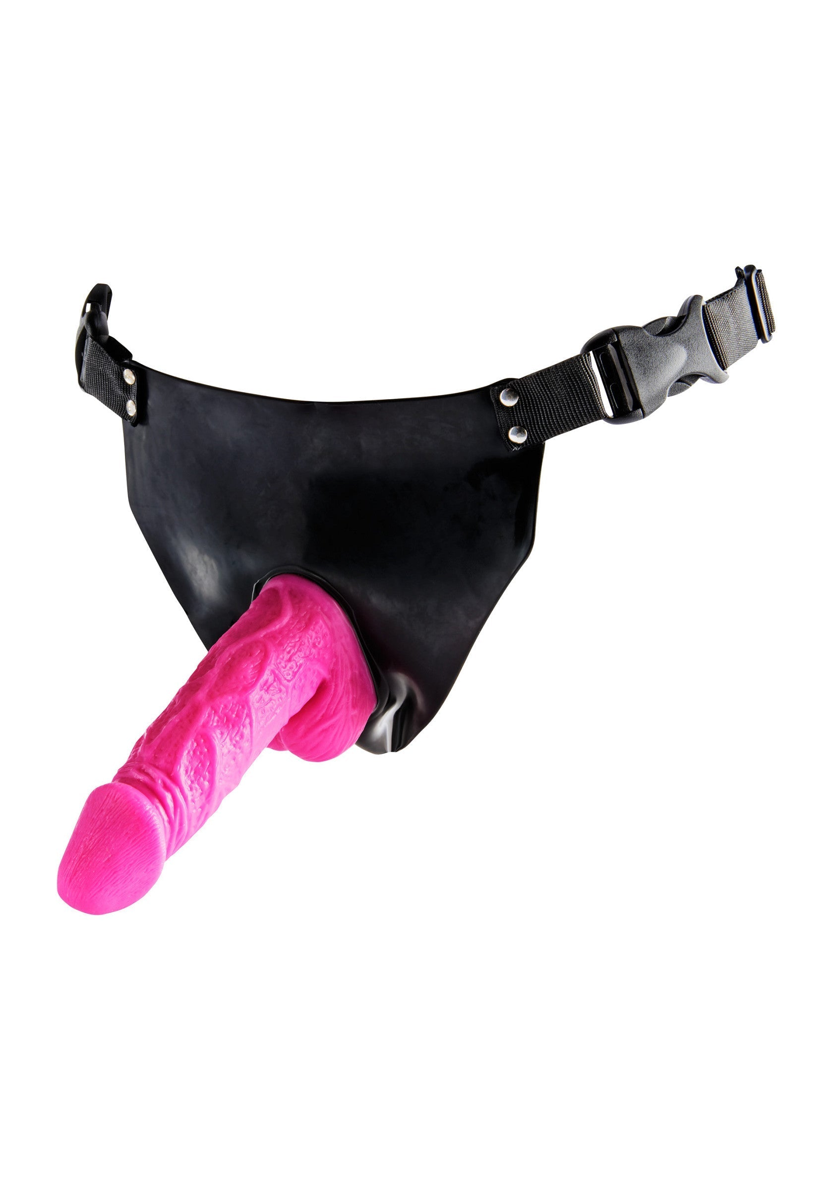 Harnais noir avec gode rose vibrant pour le plaisir des couples.; Zwart harnas met vibrerende roze dildo voor het plezier van stellen.; Black harness with vibrant pink dildo for couple's pleasure.