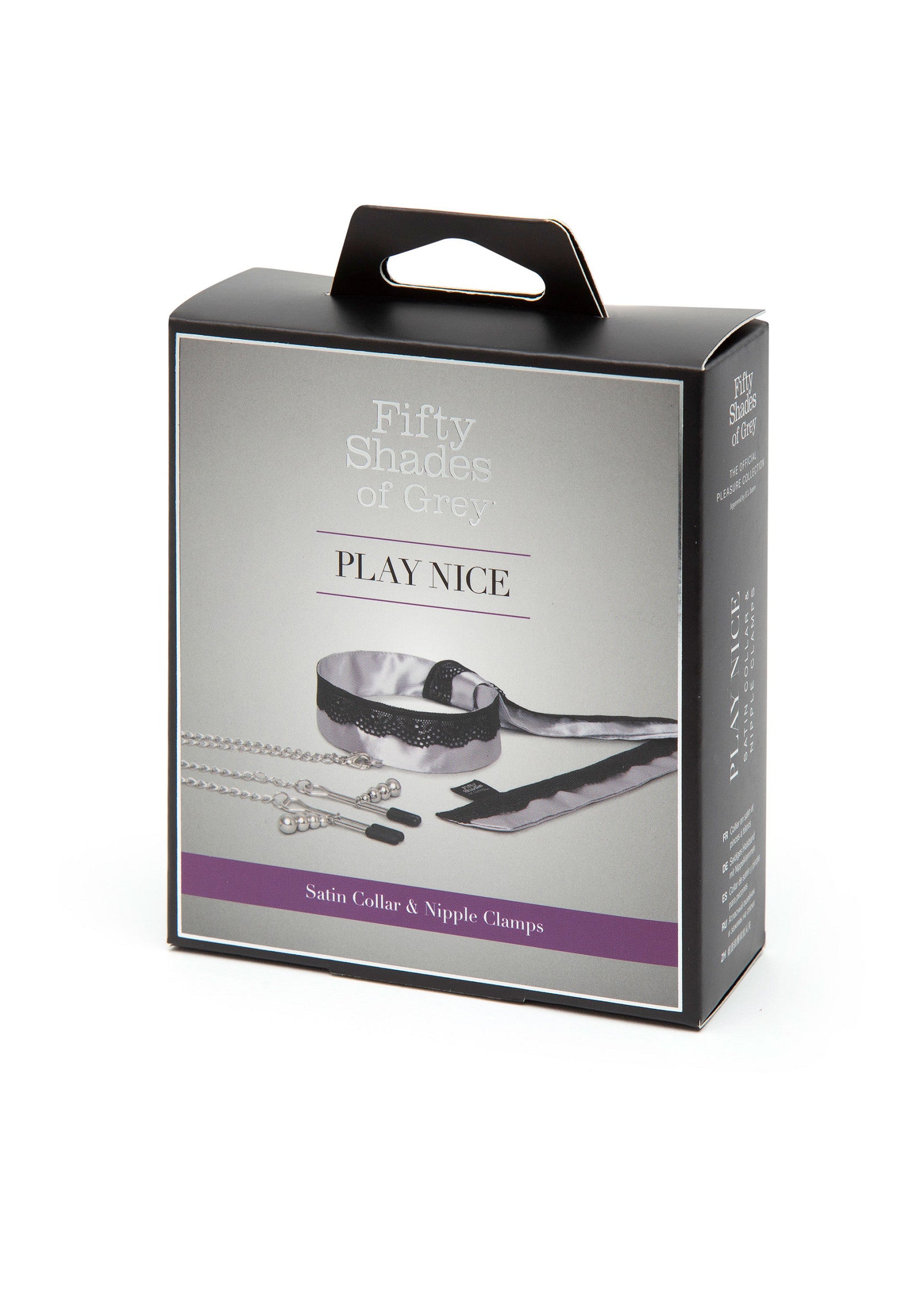 Coffret Fifty Shades of Grey Play Nice : Collier en satin et pinces à tétons pour des jeux coquins en douceur.; Fifty Shades of Grey Play Nice set: satijnen halsband en tepelklemmen voor zachte, spannende spelletjes.; Fifty Shades of Grey Play Nice set: satin collar & nipple clamps for gentle, exciting play.
