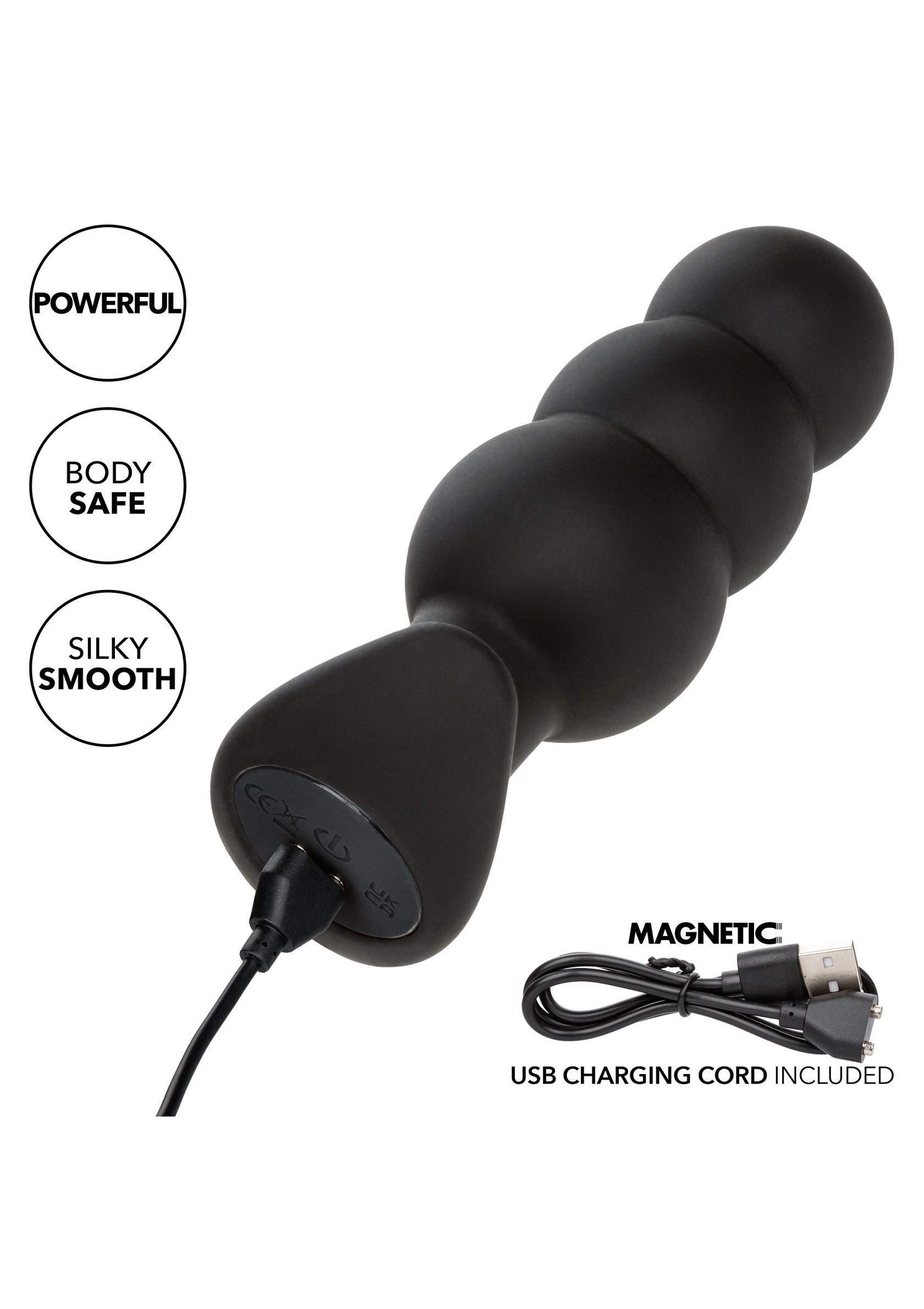 Plug anal noir à billes, rechargeable par USB. Puissant, sûr et soyeux pour une expérience inoubliable.; Zwarte anale plug met ballen, oplaadbaar via USB. Krachtig, veilig en zijdezacht voor een onvergetelijke ervaring.; Black beaded anal plug, USB rechargeable. Powerful, body-safe and silky smooth for an unforgettable experience.