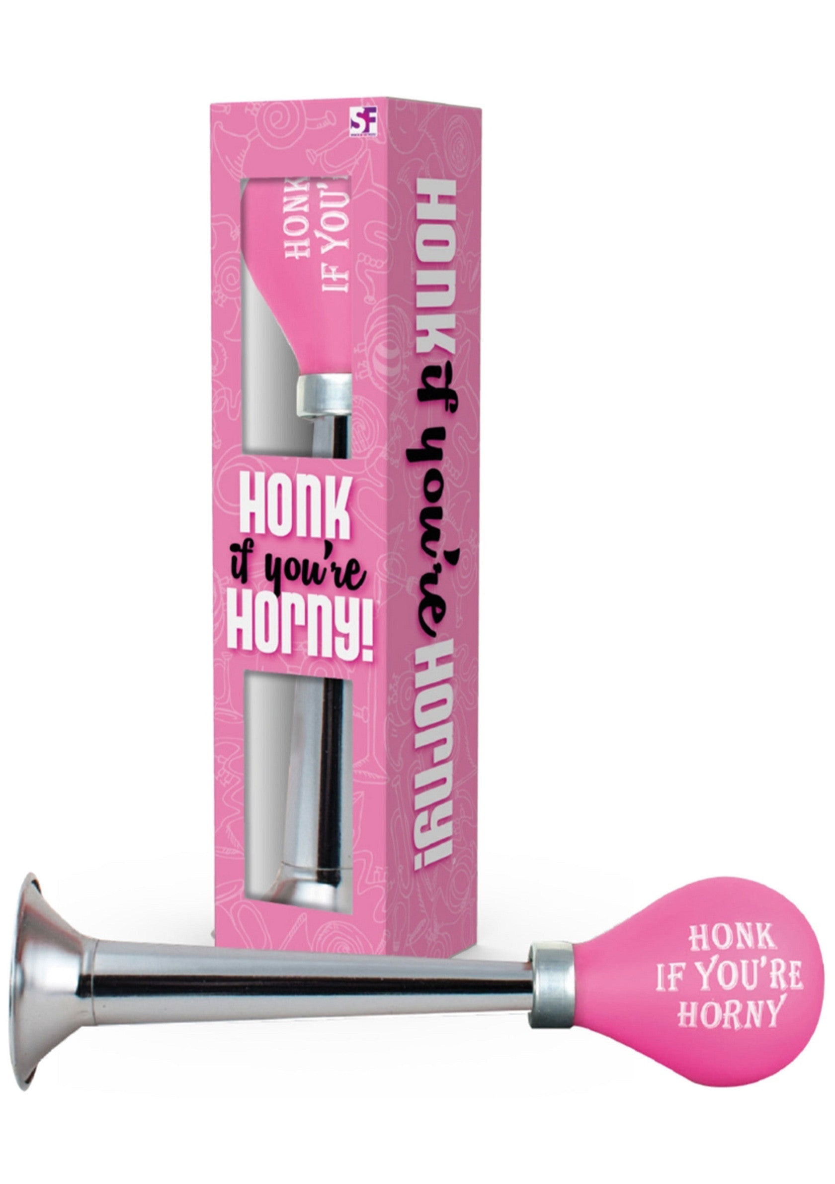 Klaxon rose coquin "Klaxonnez si vous êtes excité !" Accessoire amusant pour adultes.; Roze ondeugende claxon "Toeter als je geil bent!" Leuk accessoire voor volwassenen.; Pink naughty horn "Honk if you're horny!" Funny adult novelty accessory.