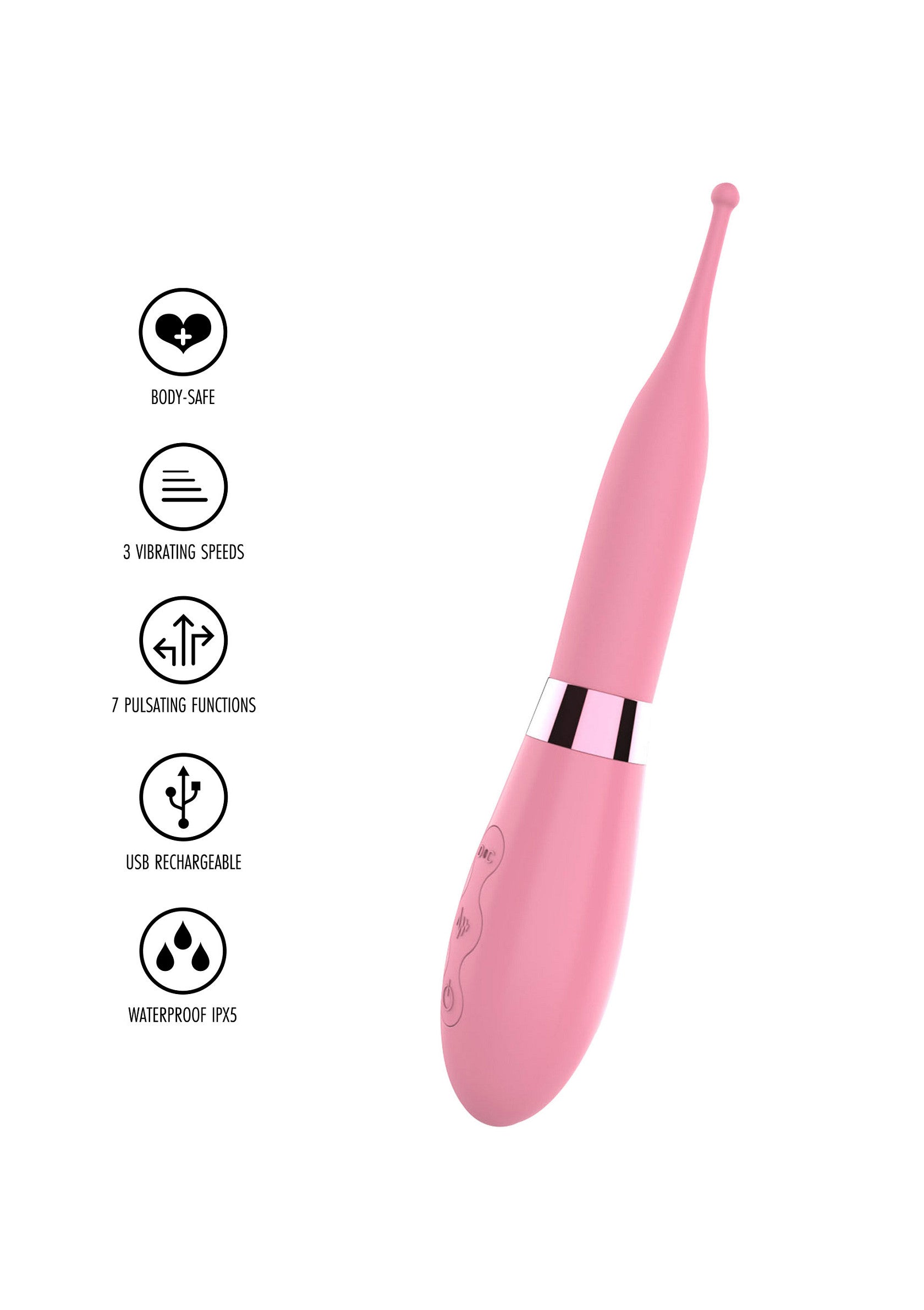 Vibromasseur rose avec 3 vitesses et 7 fonctions de pulsation. Rechargeable par USB et étanche.; Roze vibrator met 3 snelheden en 7 pulsatiefuncties. USB-oplaadbaar en waterdicht.; Pink vibrator with 3 speeds and 7 pulsating functions. USB rechargeable and waterproof.