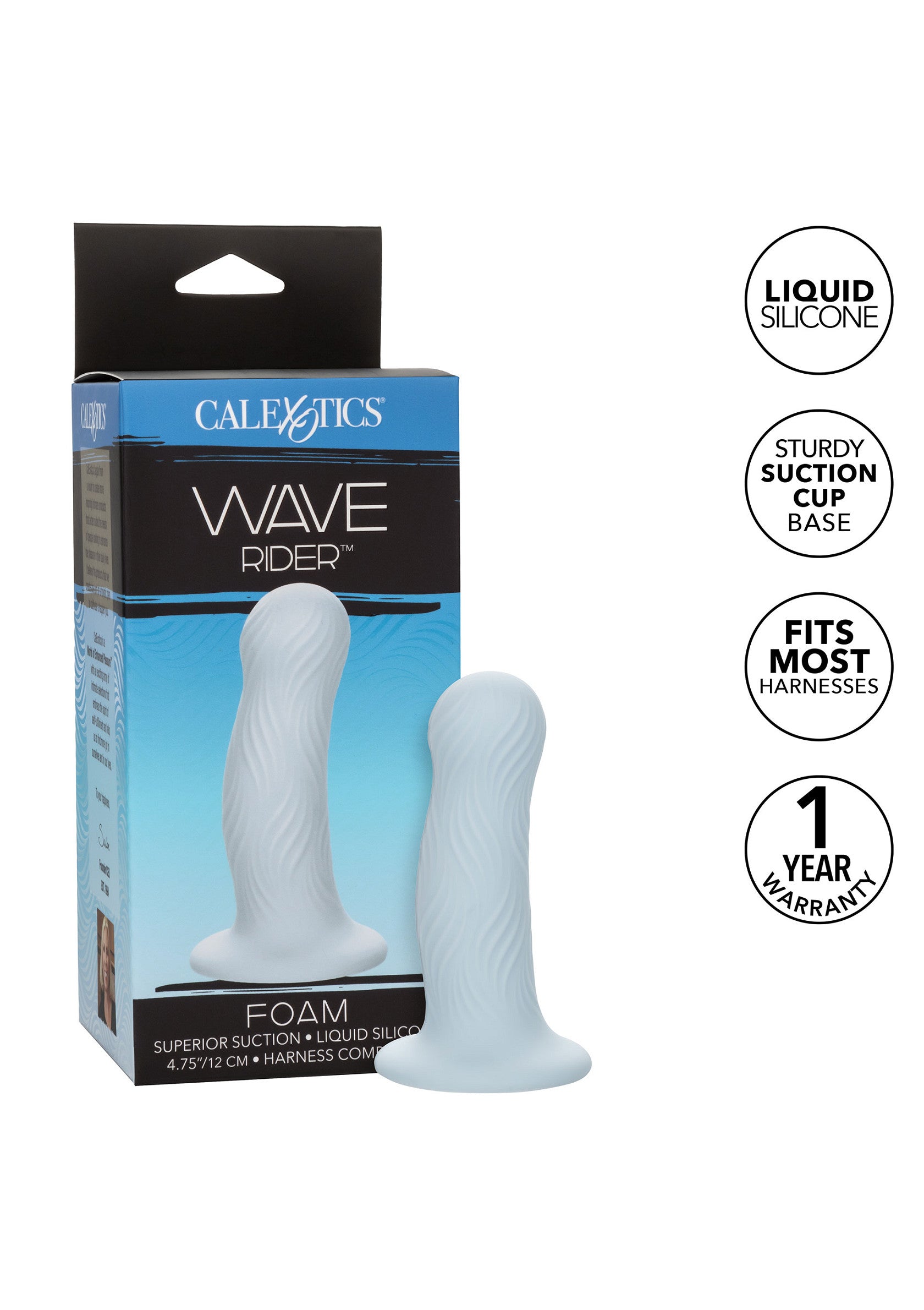 Vibromasseur Wave Rider CalExotics en silicone liquide avec ventouse et garantie 1 an. Compatible avec harnais.; CalExotics Wave Rider vibrator van vloeibare siliconen met zuignapvoet en 1 jaar garantie. Geschikt voor de meeste harnassen.; CalExotics Wave Rider vibrator made of liquid silicone with suction cup base and 1 year warranty. Fits most harnesses.