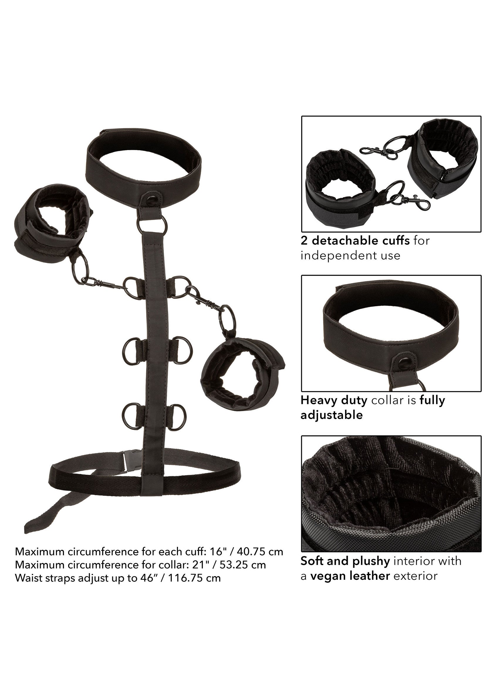 Harnais de contention noir réglable, avec col, manchettes et ceinture. Intérieur doux en simili cuir végan. Accessoire pour jeux coquins.; Verstelbaar zwart bondage harnas met halsband, manchetten en riem. Zachte binnenkant van veganistisch leer. Accessoire voor stout spel.; Adjustable black restraint harness featuring a collar, cuffs, and waist strap. Soft vegan leather interior. Accessory for playful fun.