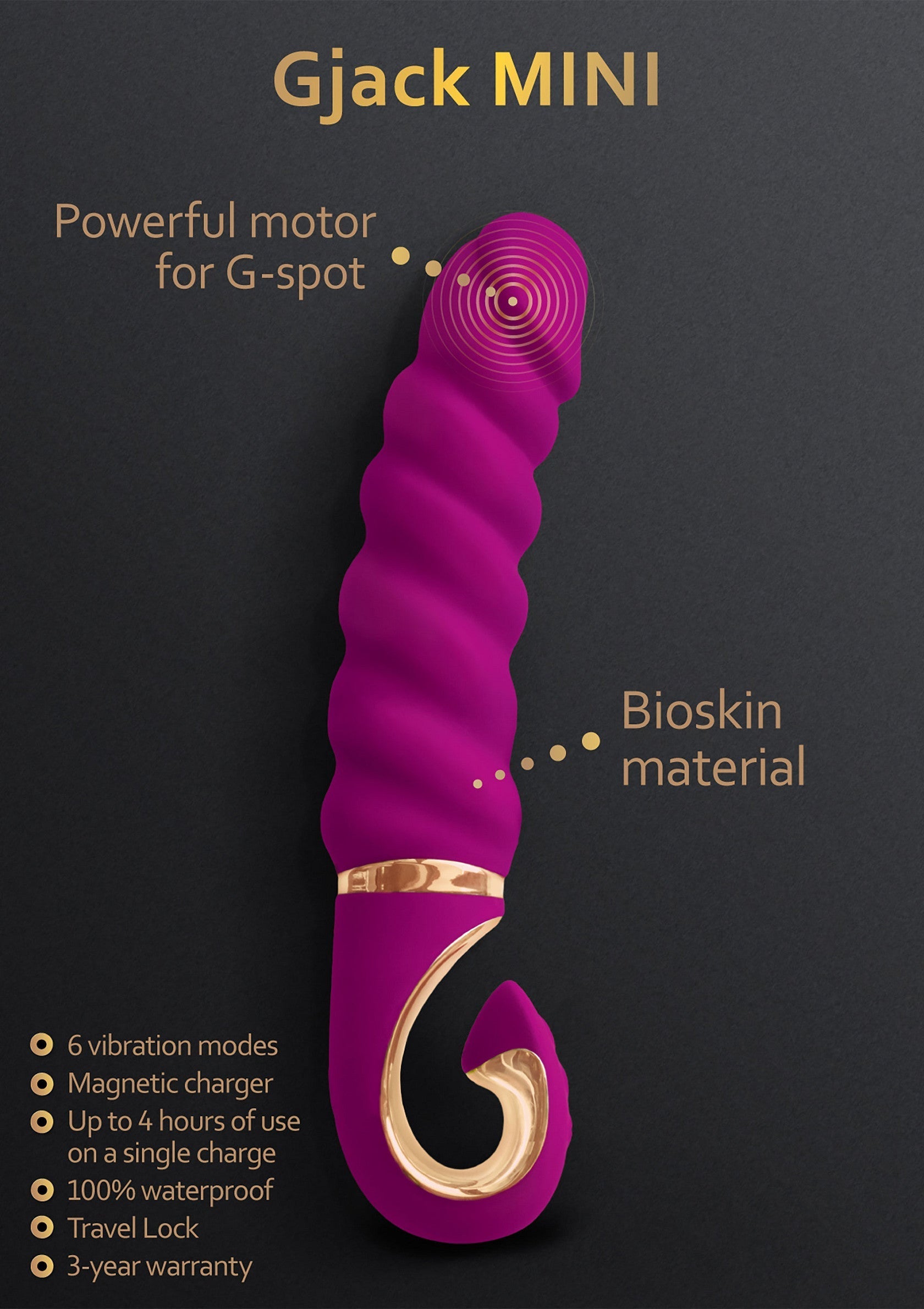 Gjack MINI vibrant pour le point G, puissant et waterproof. 6 modes de vibration et garantie 3 ans!; Gjack MINI vibrator voor de G-spot, krachtig en waterproof. 6 vibratiestanden en 3 jaar garantie!; Gjack MINI G-spot vibrator, powerful and waterproof. Features 6 vibration modes and a 3-year warranty!