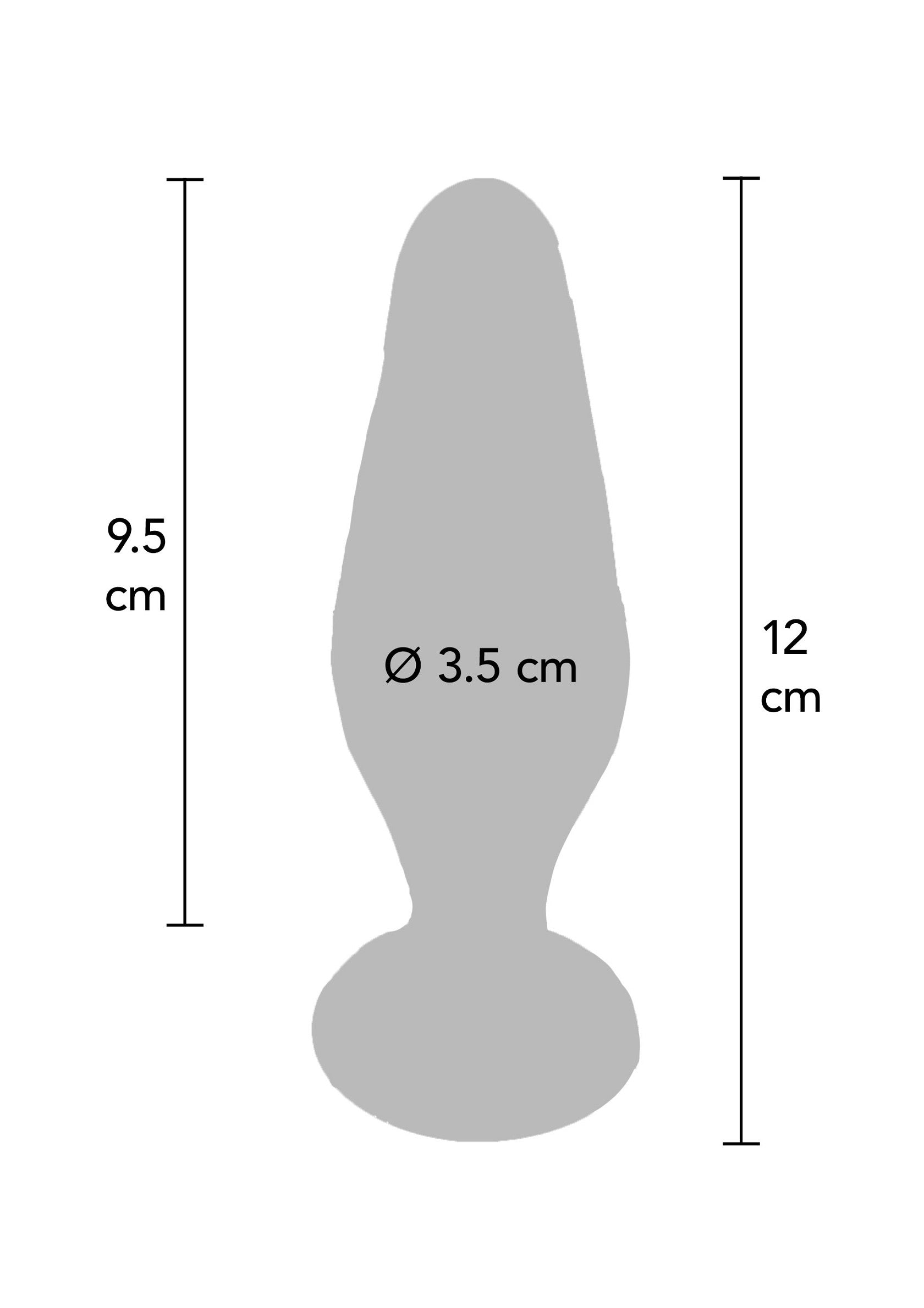 Plug anal avec dimensions indiquées : 9,5 cm de hauteur, 12 cm de longueur totale et 3,5 cm de diamètre.; Anale plug met afmetingen: 9,5 cm hoog, 12 cm totale lengte en 3,5 cm in diameter.; Anal plug with dimensions indicated: 9.5 cm high, 12 cm total length and 3.5 cm in diameter.