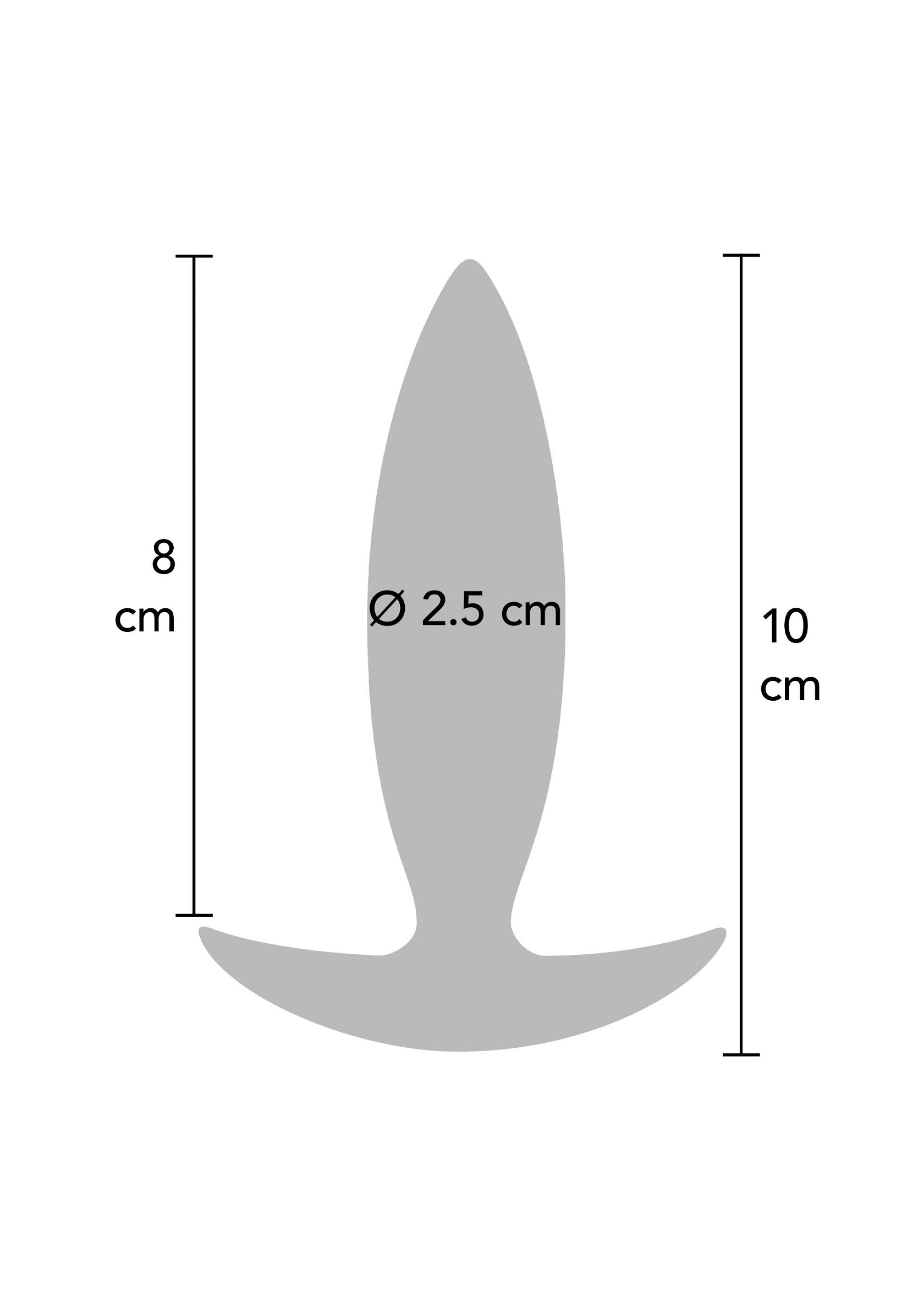 Schéma d'un plug anal avec ses dimensions: 8 cm de hauteur, 10 cm de largeur et 2.5 cm de diamètre.; Schema van een anale plug met afmetingen: 8 cm hoog, 10 cm breed en 2,5 cm in diameter.; Diagram of an anal plug with dimensions: 8 cm high, 10 cm wide and 2.5 cm in diameter.