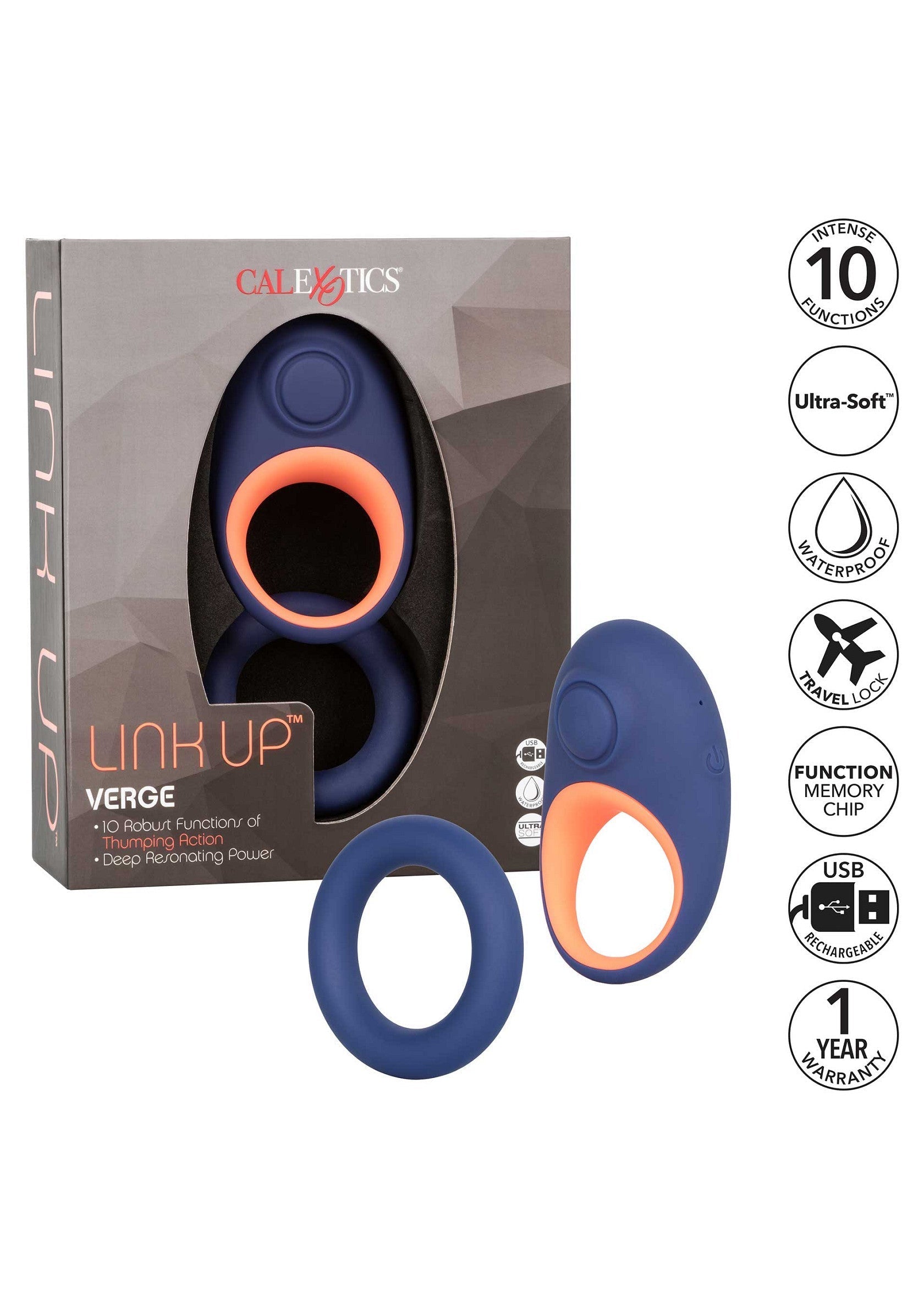 CalExotics Link Up Verge : anneau vibrant pour homme, 10 fonctions, ultra-doux, étanche et rechargeable. Garantie 1 an.; CalExotics Link Up Verge: vibrerende penisring voor mannen, 10 functies, ultra-zacht, waterdicht en oplaadbaar. 1 jaar garantie.; CalExotics Link Up Verge: vibrating cock ring for men, 10 functions, ultra-soft, waterproof, and rechargeable. 1-year warranty.
