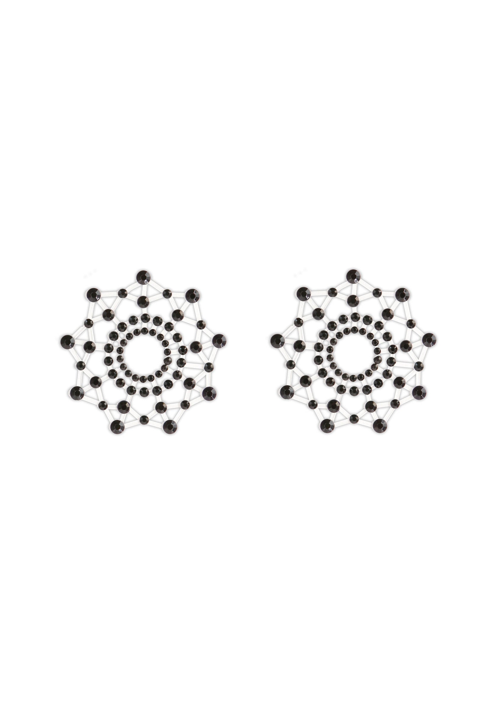 Cache-tétons en forme de mandala avec strass noirs pour une touche glamour et audacieuse.; Mandala tepelbedekkers met zwarte strass steentjes voor een glamour en gewaagde uitstraling.; Mandala-shaped pasties with black rhinestones for a glamorous and bold look.
