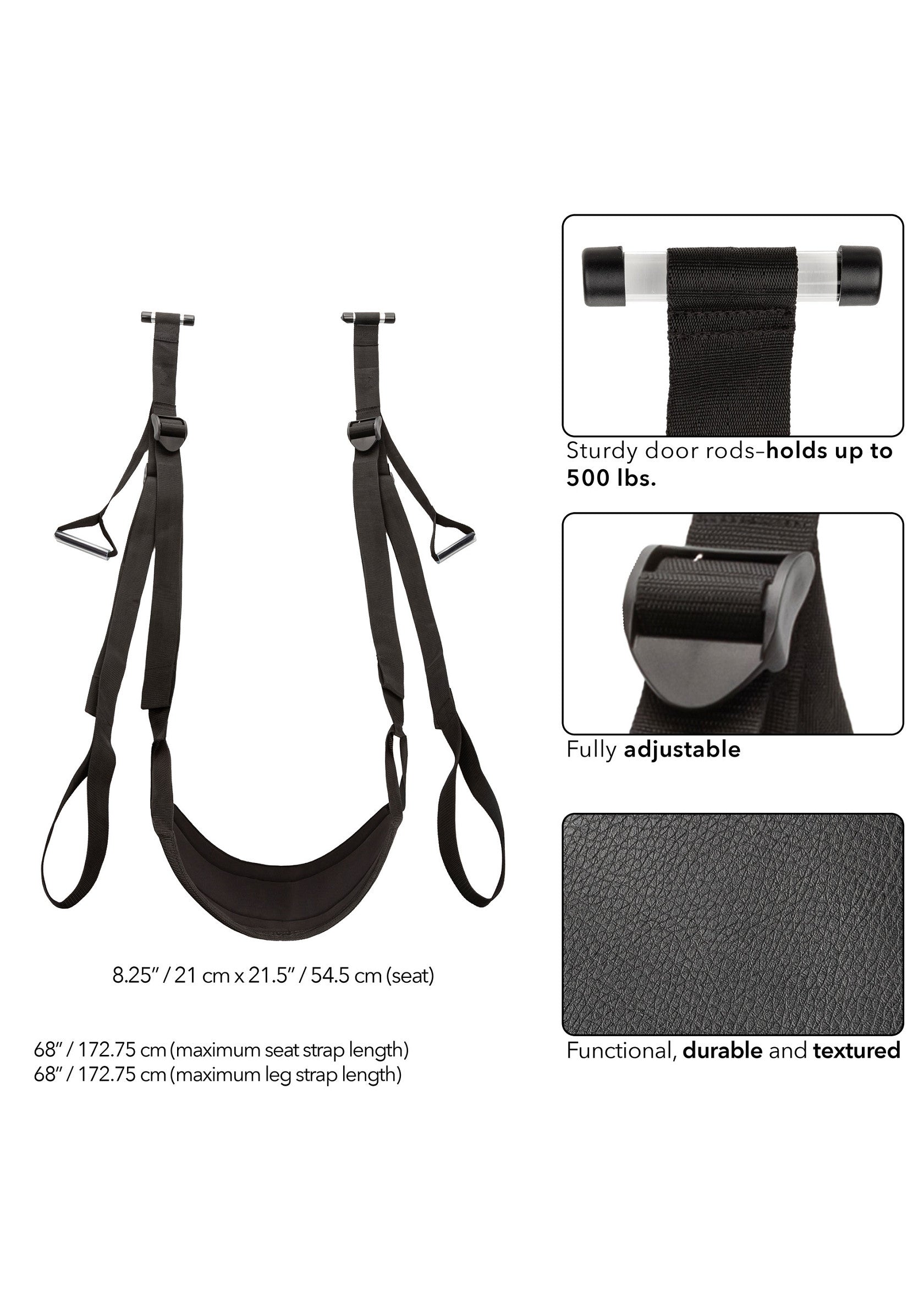 Balancoire suspendue noire, robuste et réglable pour porte. Supporte jusqu'à 226 kg. Fonctionnelle et résistante.; Zwarte, stevige en verstelbare hangschommel voor deur. Kan tot 226 kg dragen. Functioneel en duurzaam.; Black adjustable door swing. Sturdy, supports 500 lbs. Functional and durable design. For adult use.