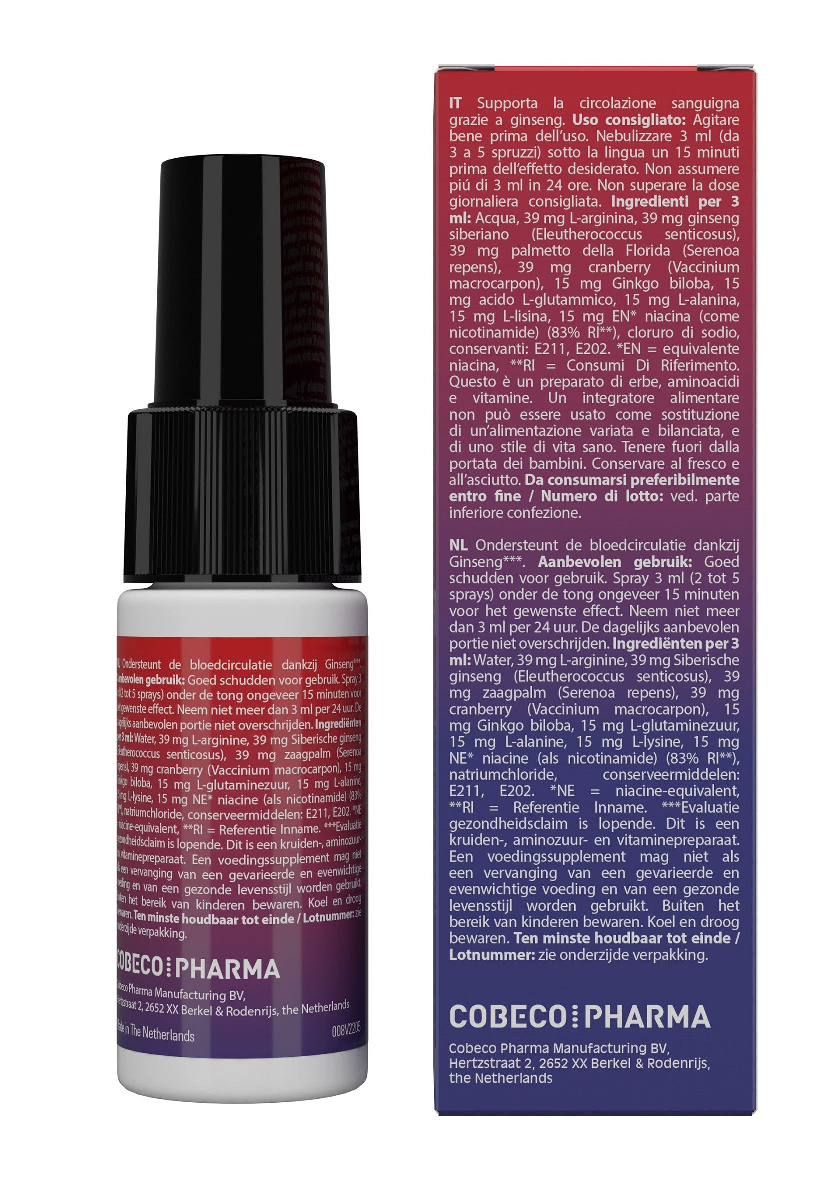 Spray Cobeco Pharma pour la circulation sanguine grâce au ginseng. Compléments alimentaires de qualité pour votre bien-être.; Cobeco Pharma spray bevordert de bloedcirculatie met ginseng. Hoogwaardige voedingssupplementen voor jouw welzijn.; Cobeco Pharma spray boosts blood flow with ginseng. High-quality food supplements for your well-being. Shop now!