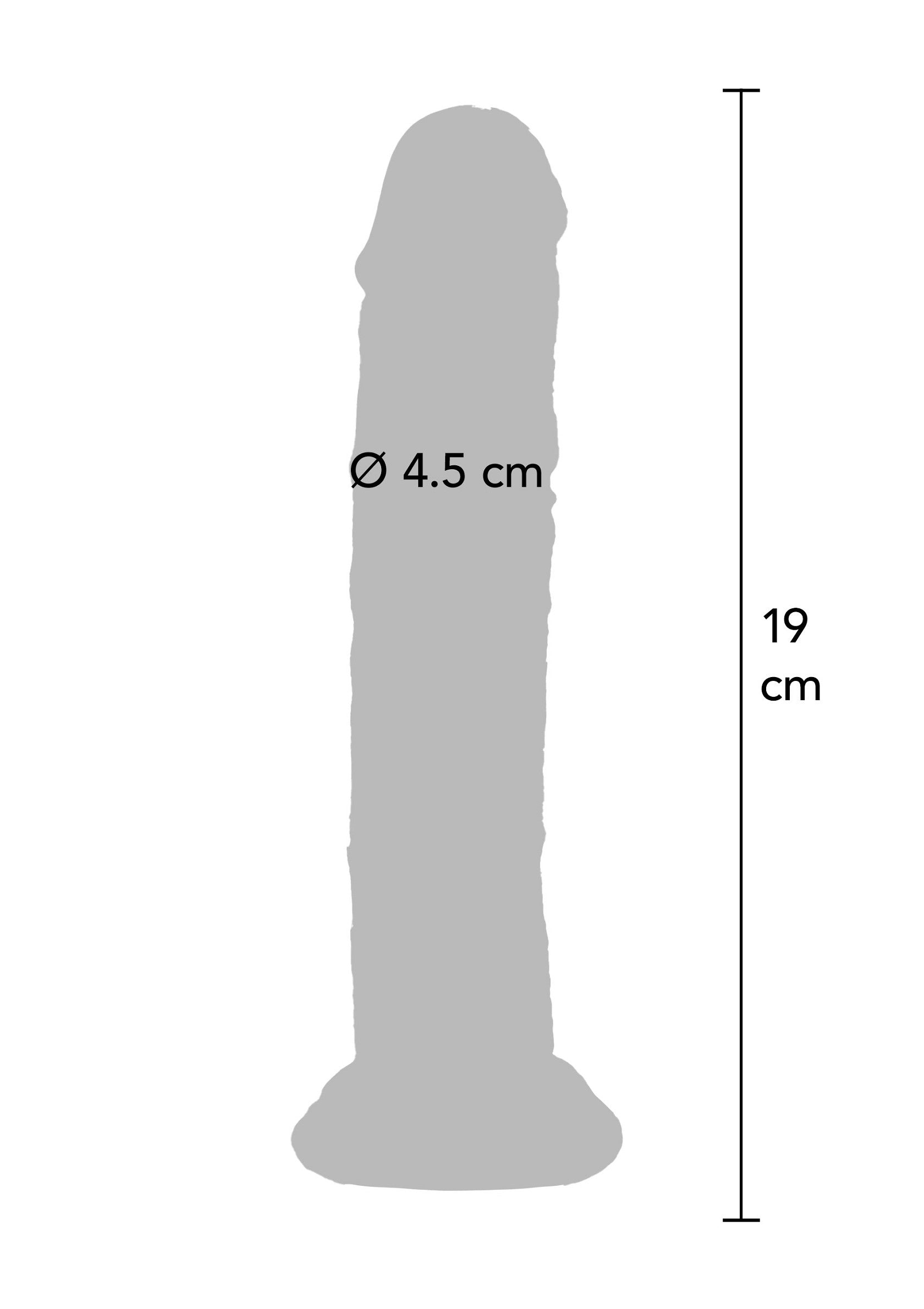 Silhouette d'un gode de 19 cm de long et 4,5 cm de diamètre.; Silhouette van een dildo met een lengte van 19 cm en een diameter van 4,5 cm.; Silhouette of a dildo with a length of 19 cm and a diameter of 4.5 cm.