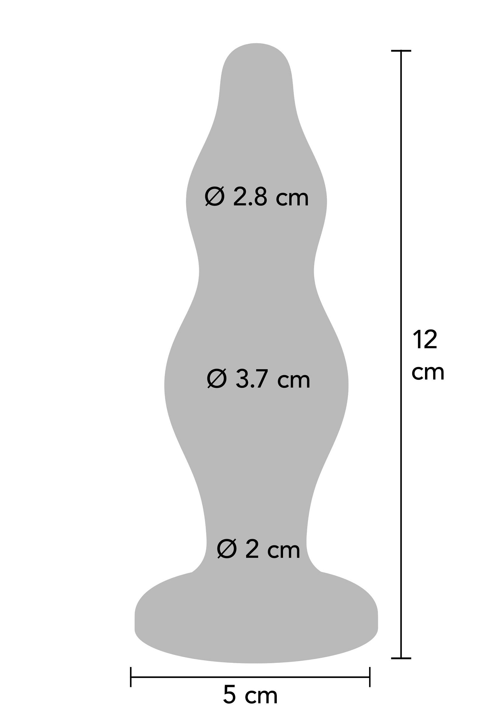 Schéma d'un plug anal avec ses dimensions (longueur 12cm, largeur de 2 à 3.7cm). Parfait pour choisir la bonne taille !; Diagram van een buttplug met afmetingen (lengte 12cm, breedte 2 tot 3.7cm). Perfect om de juiste maat te kiezen!; Diagram of a butt plug with dimensions (length 12cm, width from 2 to 3.7cm). Perfect to choose the right size!