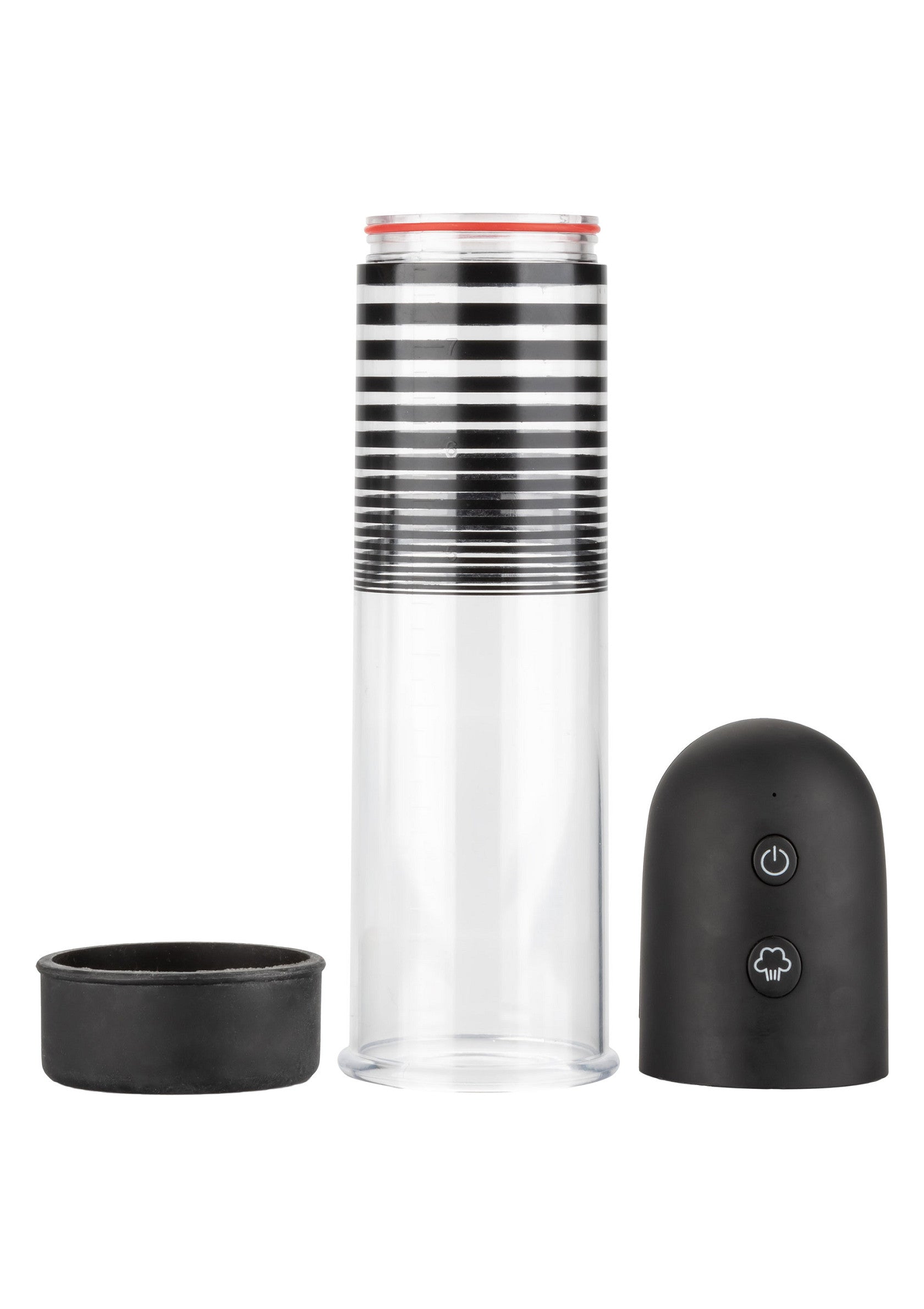 Pompe à pénis automatique noire avec cylindre transparent et rayures noires.; Zwarte automatische penis pomp met transparante cilinder en zwarte strepen.; Black automatic penis pump with clear cylinder and black stripes.