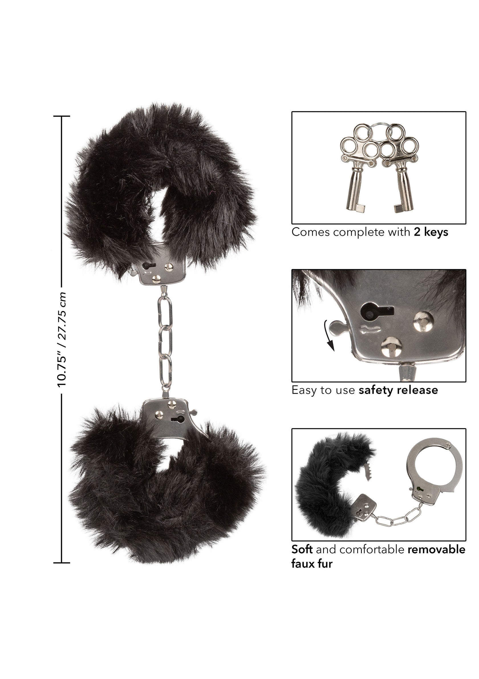 Menottes en fausse fourrure noire, douces et confortables, avec clés et dispositif de sécurité.; Zachte, comfortabele handboeien van zwart imitatiebont, met sleutels en veiligheidsontgrendeling.; Soft & comfortable black faux fur handcuffs. Includes keys and a safety release feature.