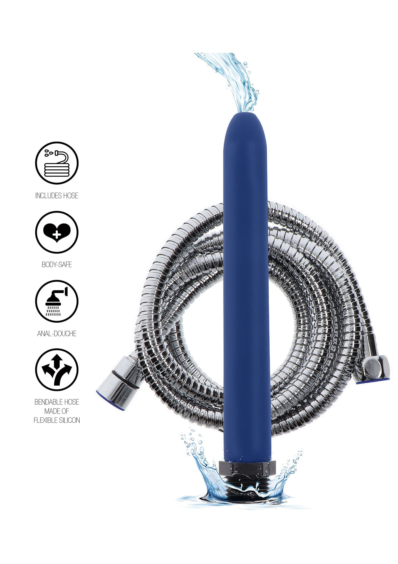 Douche anale bleue avec tuyau flexible. Hygiène intime en douceur et sécurité.; Blauwe anale douche met flexibele slang. Zachte intieme hygiëne en veiligheid.; Blue anal douche with flexible hose. Gentle intimate hygiene and safety.