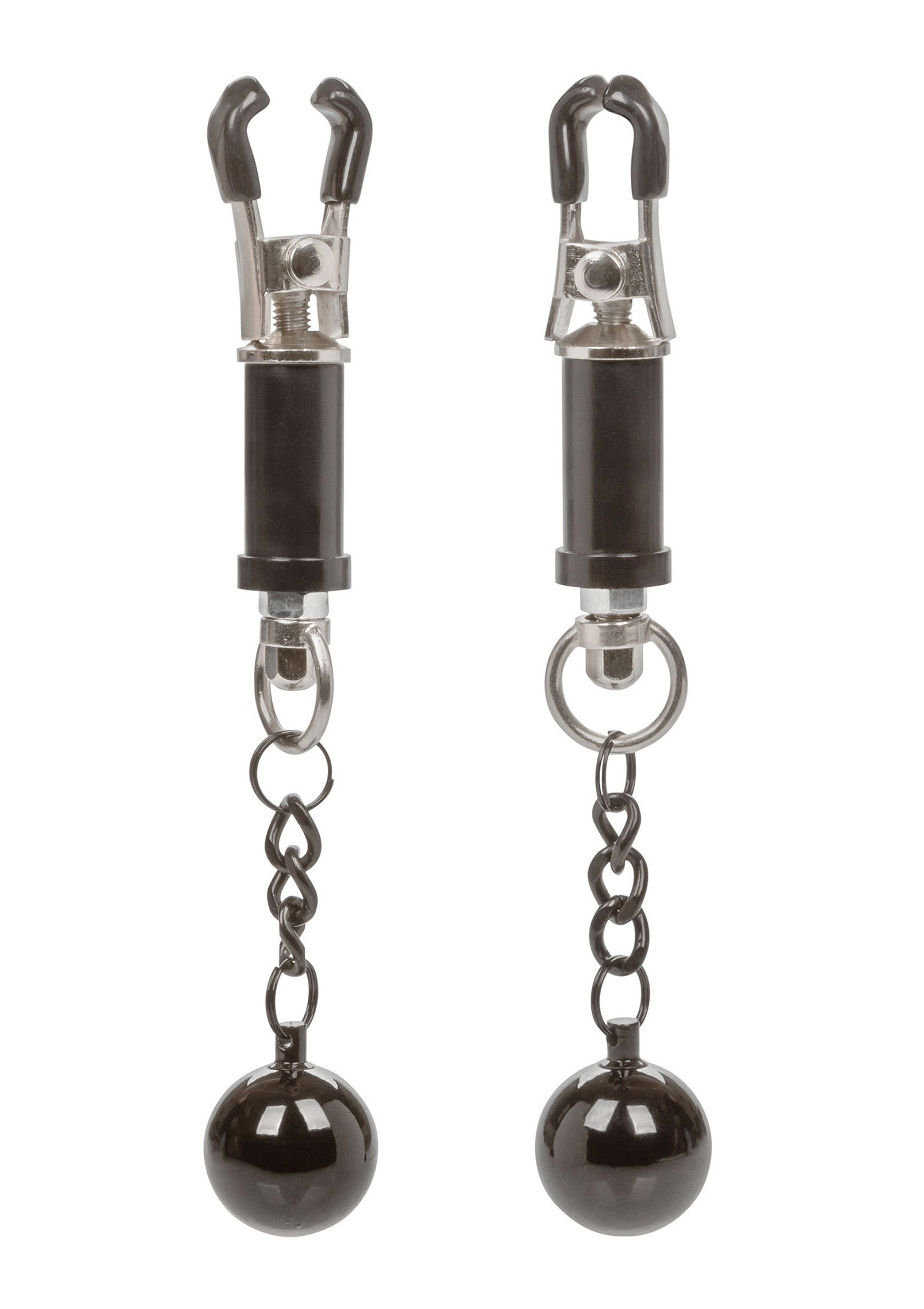 Pinces à tétons avec chaînes et boules pour une expérience sensuelle.; Nippelklemmen met kettingen en ballen voor een sensuele ervaring.; Nipple clamps with chains and balls for a sensual experience.