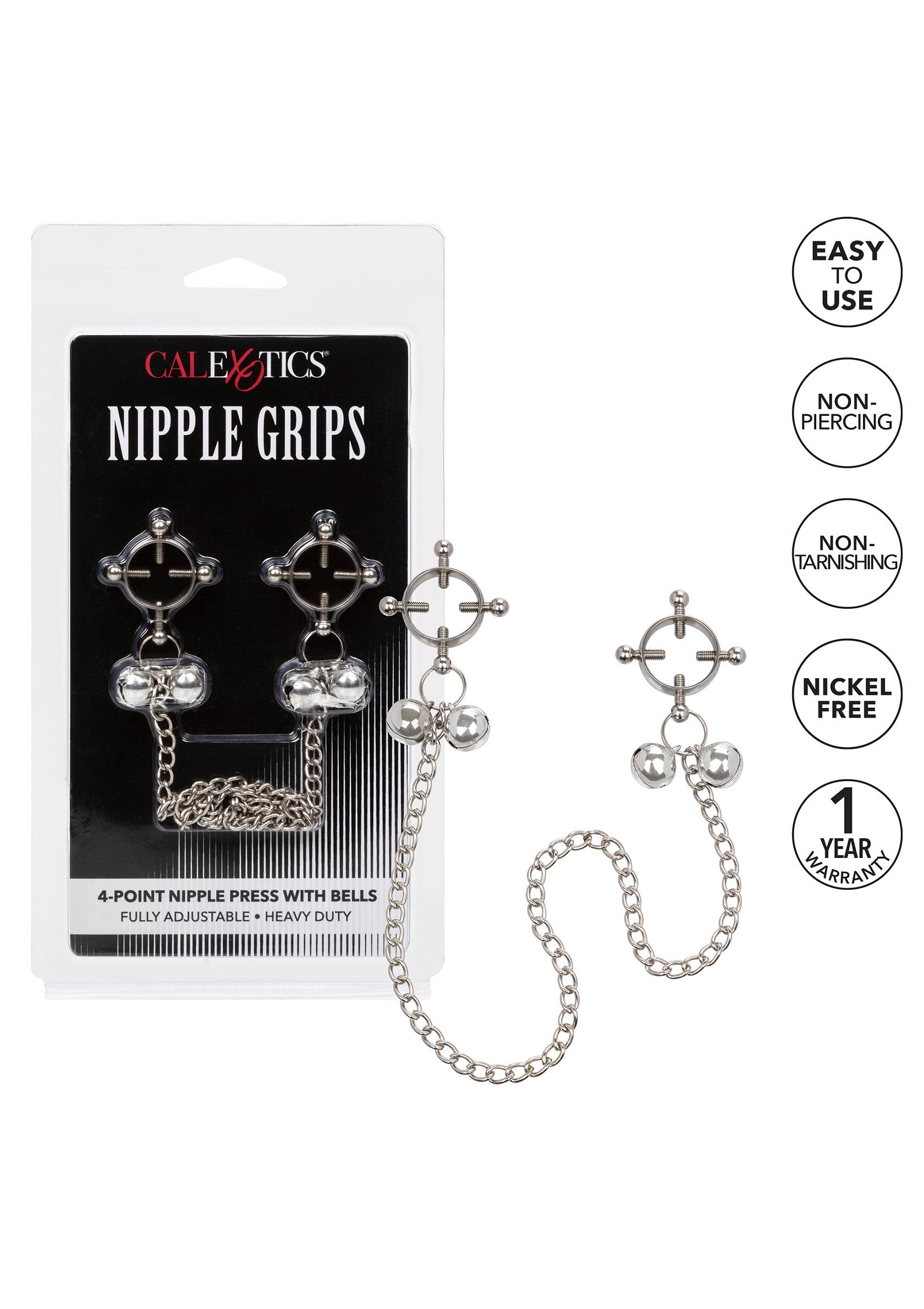 Pinces à tétons avec clochettes CalExotics. Non perçant, ajustable et facile à utiliser.; CalExotics tepelklemmen met belletjes. Niet-piercing, verstelbaar en makkelijk te gebruiken.; CalExotics nipple clamps with bells. Non-piercing, adjustable, and easy to use.