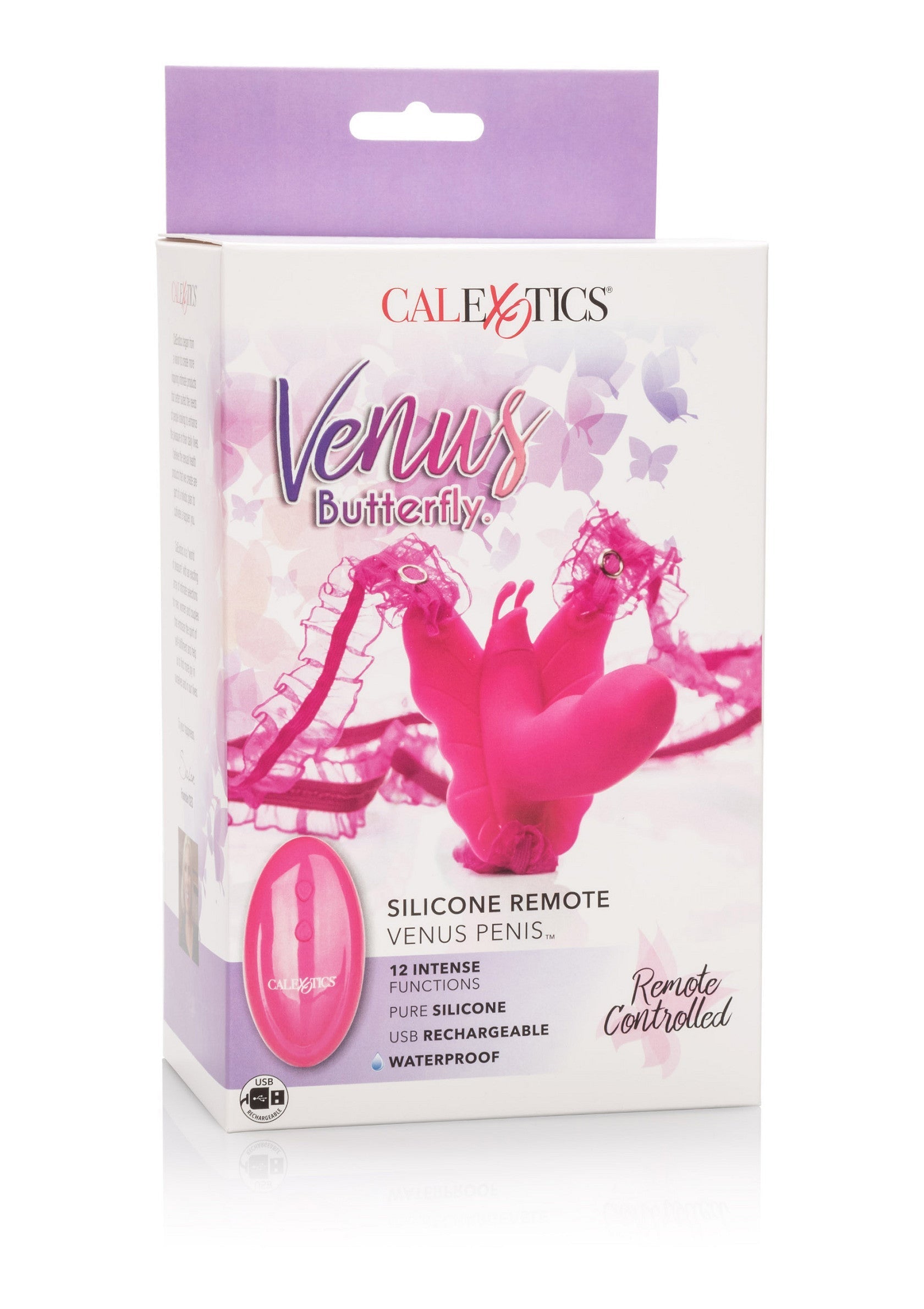 CalExotics Venus Butterfly : sextoy rose télécommandé, silicone, rechargeable, étanche. Pour un plaisir intense et varié.; CalExotics Venus Butterfly: roze seksspeeltje met afstandsbediening, siliconen, oplaadbaar, waterdicht. Voor intens en gevarieerd plezier.; CalExotics Venus Butterfly: pink remote-controlled sex toy, silicone, rechargeable, waterproof. For intense and varied pleasure.