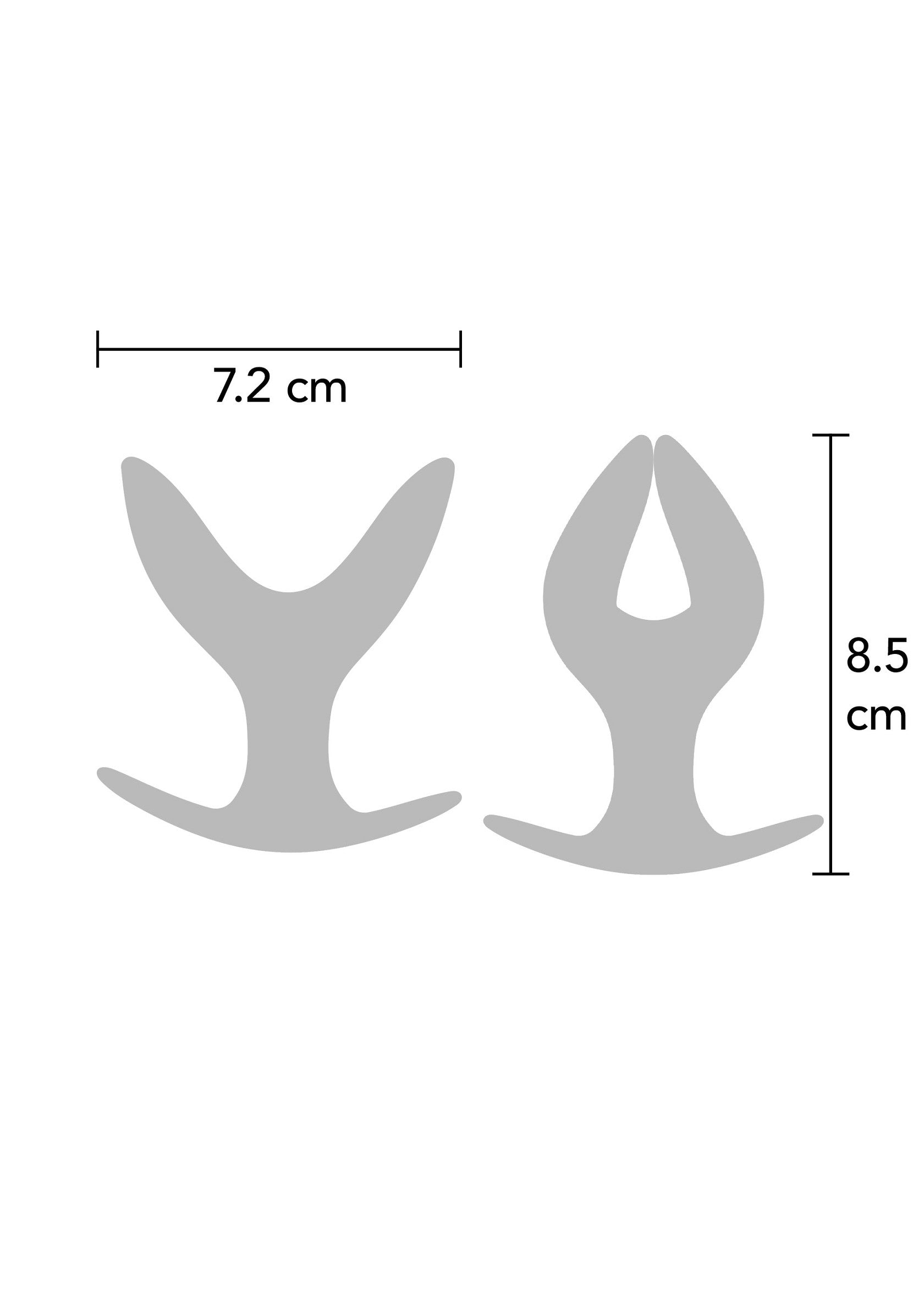 Dimensions d'un plug anal : 7,2 cm de largeur, 8,5 cm de hauteur.; Afmetingen van een anale plug: 7,2 cm breed, 8,5 cm hoog.; Anal plug dimensions: 7.2 cm wide, 8.5 cm high.
