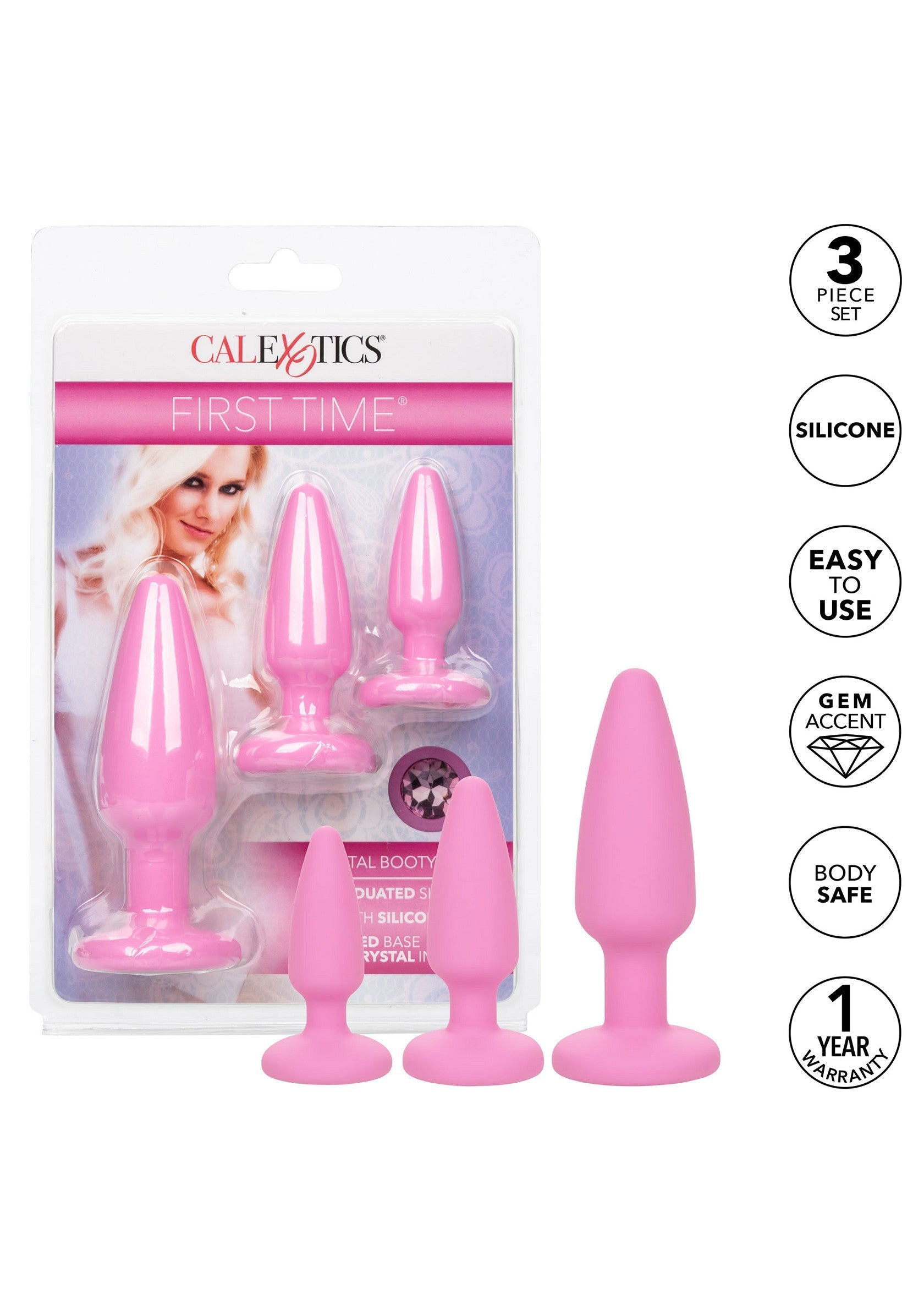 Calexotics First Time, 3 pièces, en silicone rose. Idéal pour débutants.; Calexotics First Time, 3-delige set, roze siliconen. Perfect voor beginners.; Calexotics First Time, 3-piece set, pink silicone. Perfect for beginners.