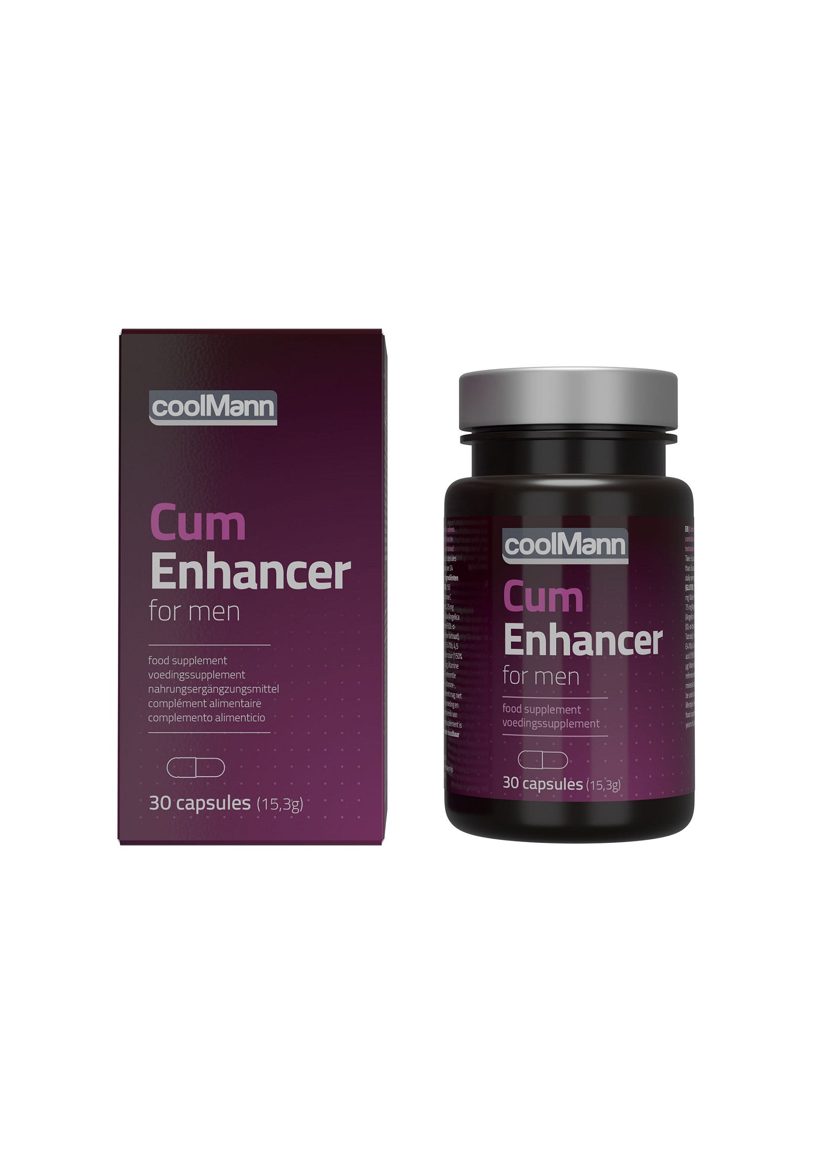 CoolMann Cum Enhancer pour hommes, complément alimentaire en capsules pour améliorer la performance masculine.; CoolMann Cum Enhancer voor mannen, voedingssupplement in capsules voor verbetering van de mannelijke prestaties.; CoolMann Cum Enhancer for men, a dietary supplement in capsule form for male performance enhancement.