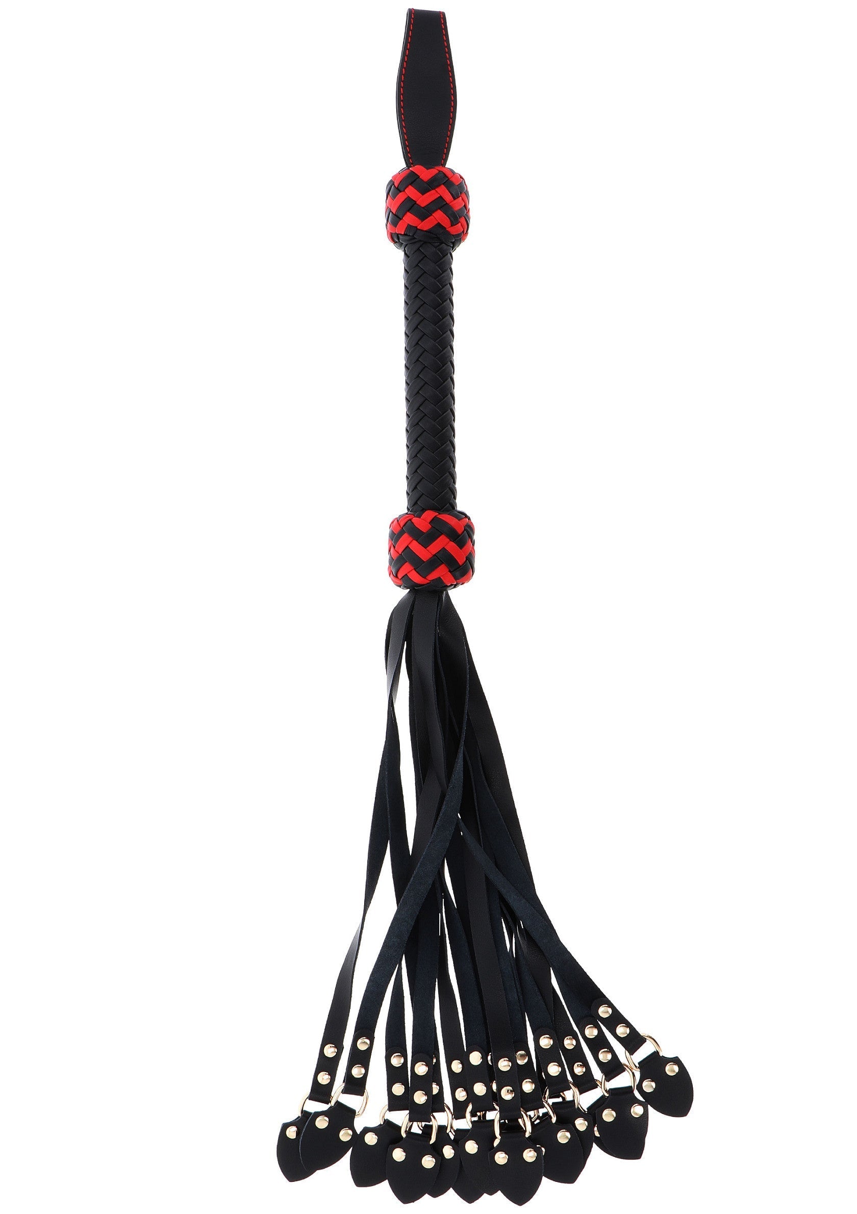 Cravache en cuir noir et rouge pour jeux de rôle; Zwart en rode leren zweep voor rollenspellen; Black and red leather flogger for roleplay