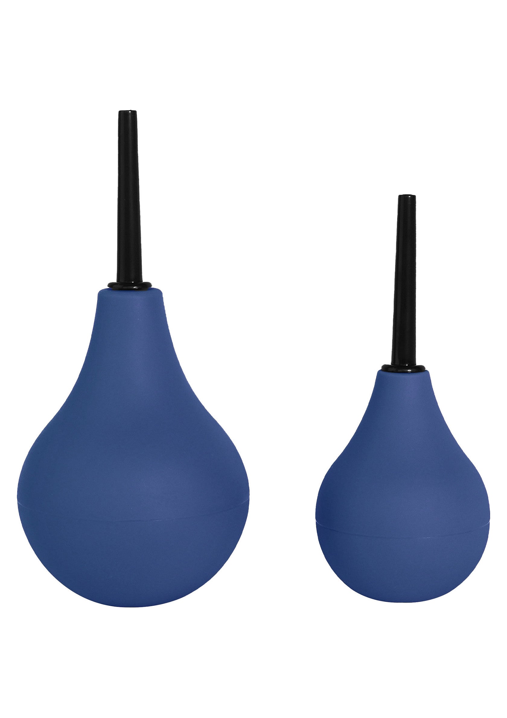Ensemble de deux poires à lavement bleues pour l'hygiène intime. Différentes tailles pour un confort optimal.; Set van twee blauwe klysma spuiten voor intieme hygiëne. Verschillende maten voor optimaal comfort.; Set of two blue enema bulbs for intimate hygiene. Different sizes for optimal comfort.