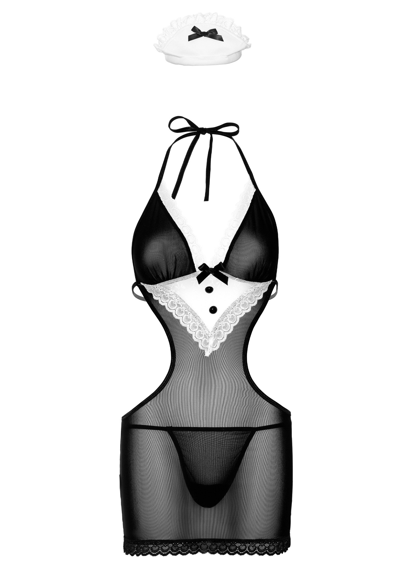 Lingerie de soubrette coquine noire et blanche avec serre-tête assorti.; Zwarte en witte ondeugende dienstmeisjeslingerie met bijpassende hoofdband.; Black & white naughty maid lingerie with matching headband.