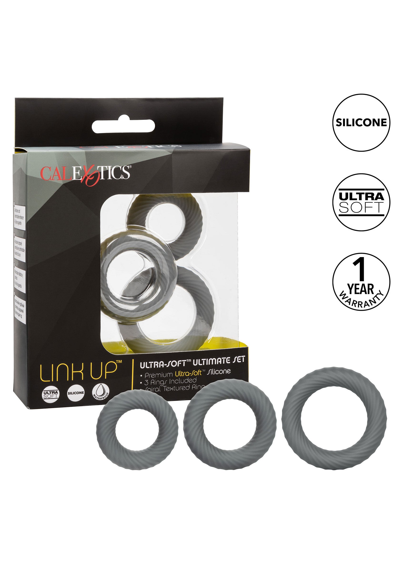 Ensemble d'anneaux péniens CalExotics Link Up, silicone ultra-doux pour le plaisir.; CalExotics Link Up penisringenset, ultra-zachte siliconen voor genot.; CalExotics Link Up penis ring set, ultra-soft silicone for pleasure.