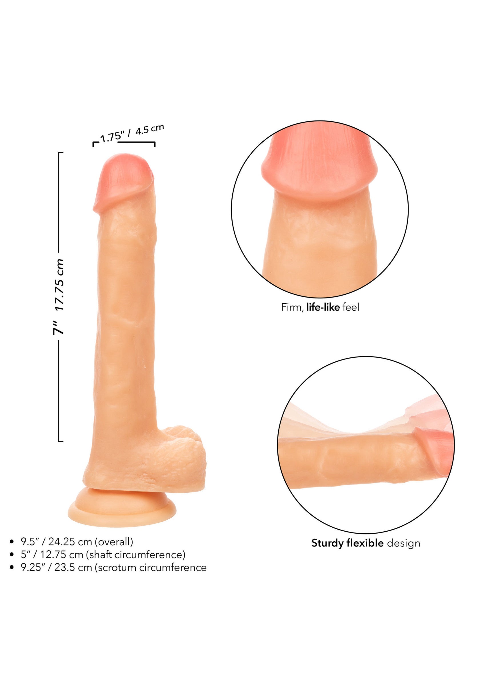 Jouet sexuel réaliste avec une texture ferme et flexible. Dimensions: 24.25 cm de long, 12.75 cm de circonférence de la tige.; Realistisch seksspeeltje met een stevige en flexibele textuur. Afmetingen: 24.25 cm lang, 12.75 cm schachtomtrek.; Realistic sex toy with a firm and flexible texture. Dimensions: 9.5" long, 5" shaft circumference.