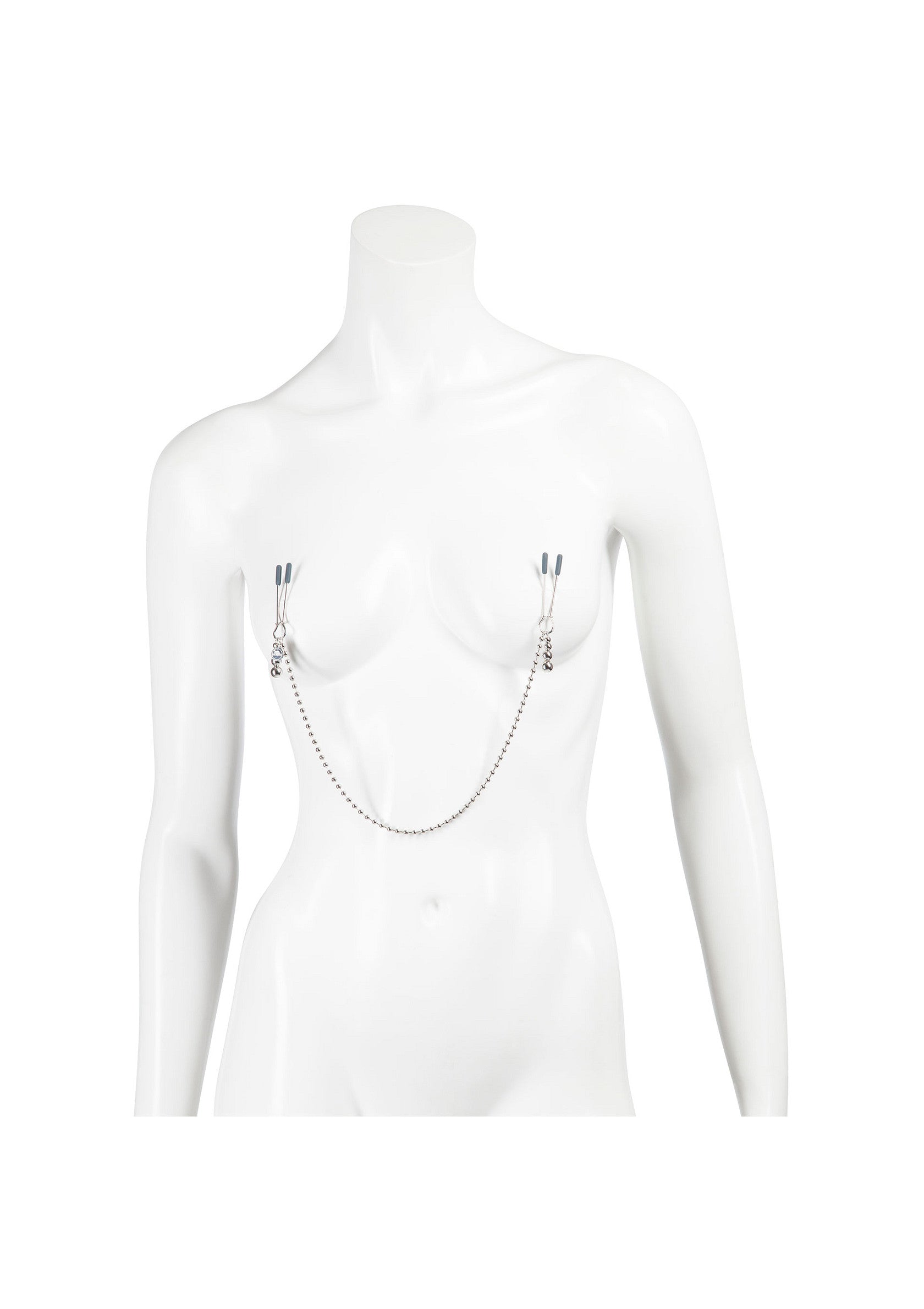 Pinces à tétons décoratives avec chaîne. Accessoire de lingerie coquine pour pimenter votre vie amoureuse.; Decoratieve tepelklemmen met ketting. Stout lingeriesetje om je liefdesleven mee op te fleuren.; Decorative nipple clamps with chain. Naughty lingerie accessory to spice up your love life.