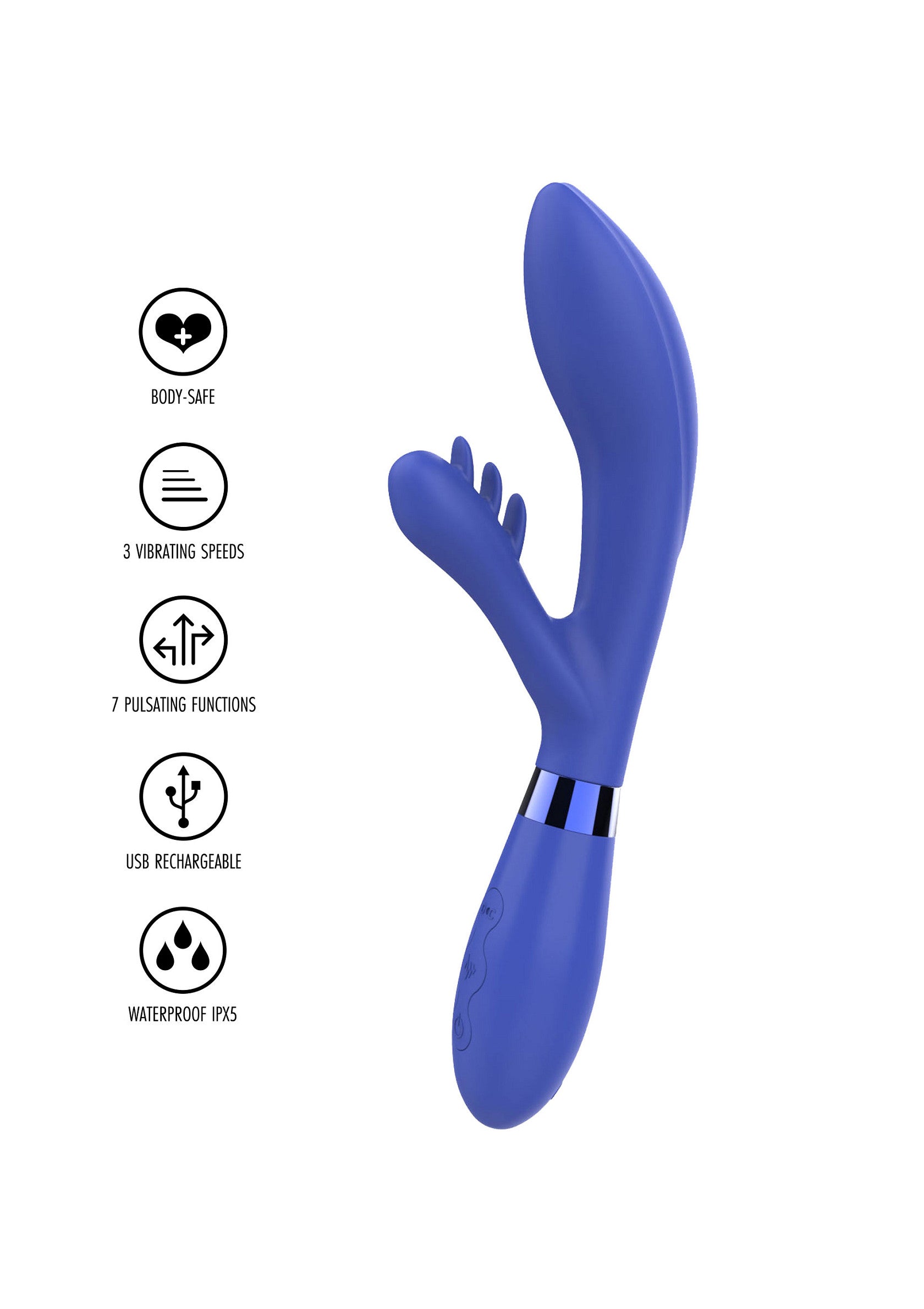 Vibromasseur double stimulation bleu avec 3 vitesses, 7 fonctions de pulsations, rechargeable USB et étanche.; Blauwe dubbele stimulatie vibrator met 3 snelheden, 7 pulsatiefuncties, USB-oplaadbaar en waterdicht.; Blue dual stimulation vibrator with 3 speeds, 7 pulsing functions, USB rechargeable and waterproof.