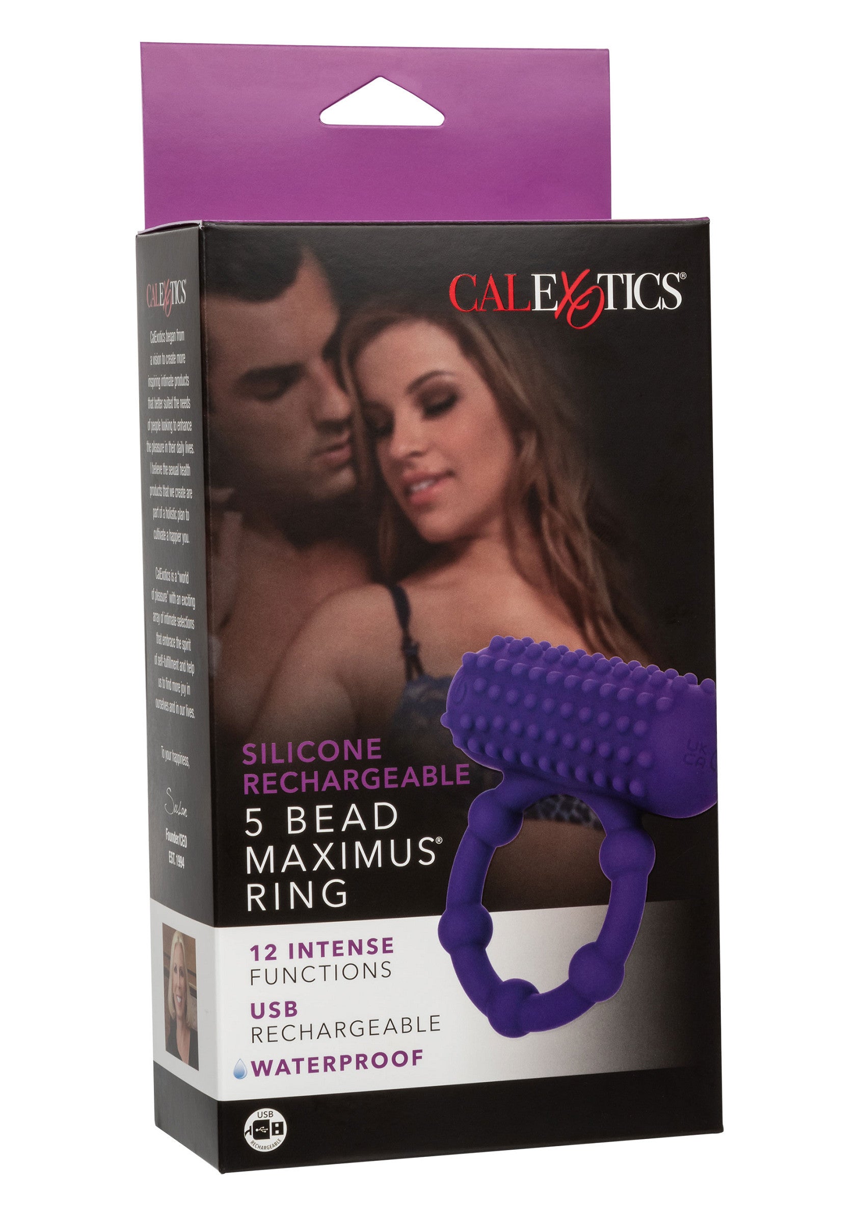 CalExotics 5 Bead Maximus Ring : anneau pénien vibrant rechargeable USB, étanche et doté de 12 fonctions intenses.; CalExotics 5 Bead Maximus Ring: USB oplaadbare, waterdichte vibrerende penisring met 12 intense functies.; CalExotics 5 Bead Maximus Ring: USB rechargeable, waterproof vibrating cock ring with 12 intense functions.