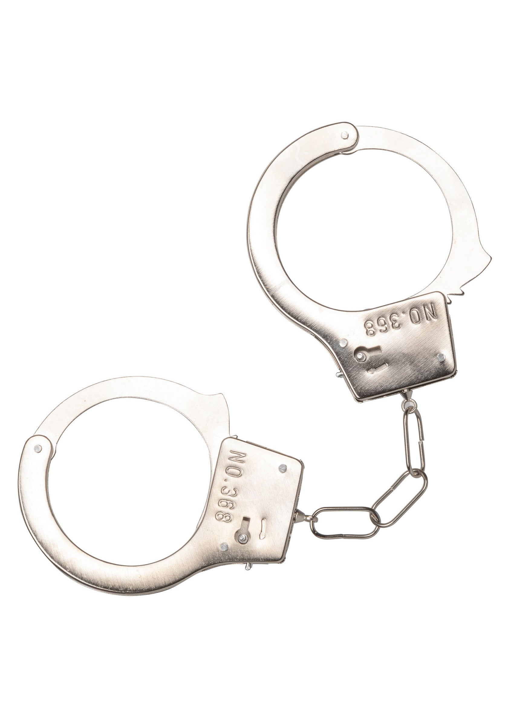 Menottes en métal argenté, parfaites pour les déguisements, les jeux de rôle et le plaisir.; Zilverkleurige metalen handboeien, perfect voor kostuums, rollenspel en plezier.; Silver-tone metal handcuffs, perfect for costumes, roleplay, and fun.