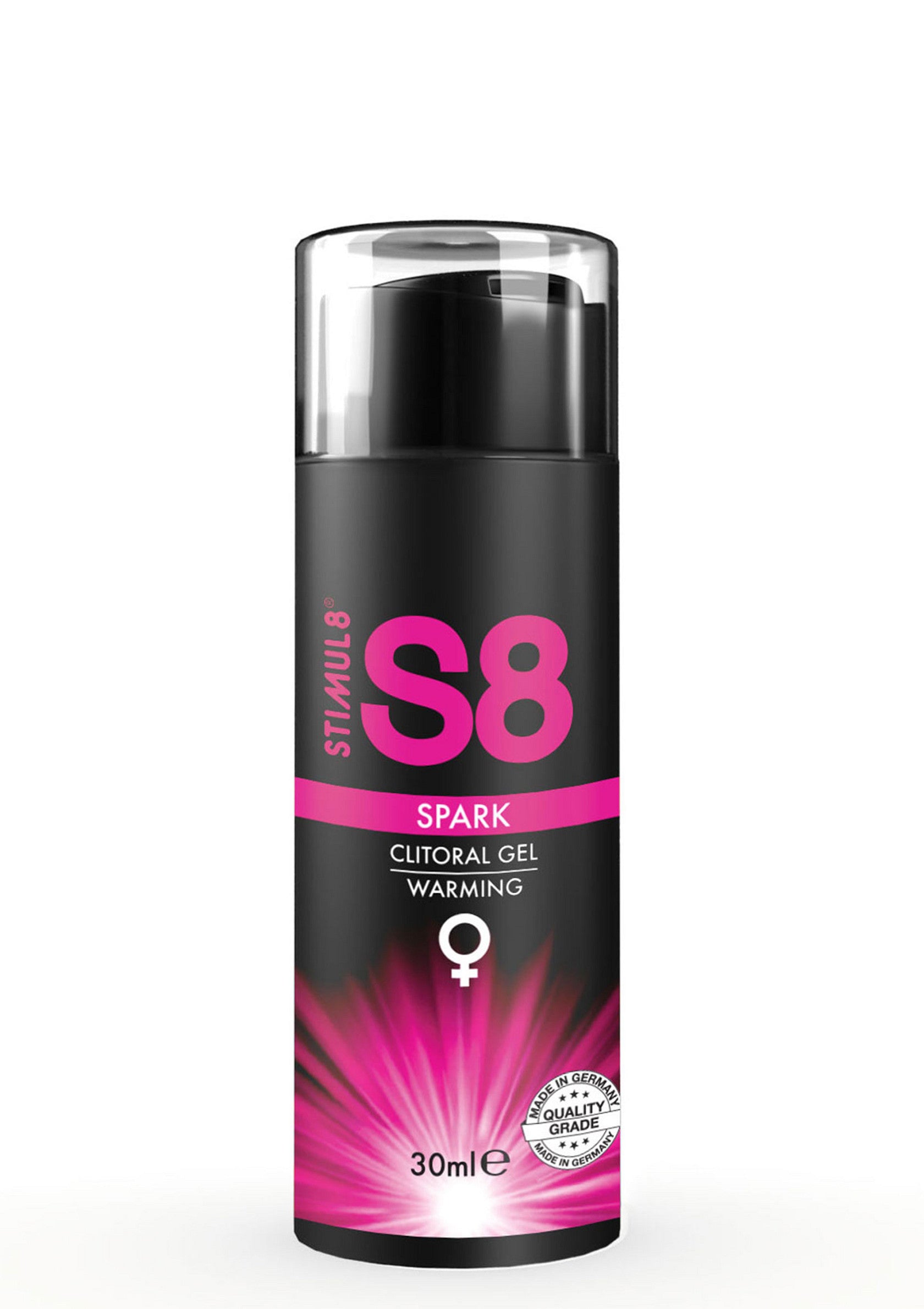 Gel clitoridien chauffant S8 Spark Stimul8, 30ml. Stimulez le plaisir avec ce gel de qualité allemande.; S8 Spark Stimul8 Clitoris Gel Warming, 30ml. Stimuleer het plezier met deze gel van Duitse kwaliteit.; S8 Spark Stimul8 Clitoral Warming Gel, 30ml. Stimulate pleasure with this German quality grade gel.
