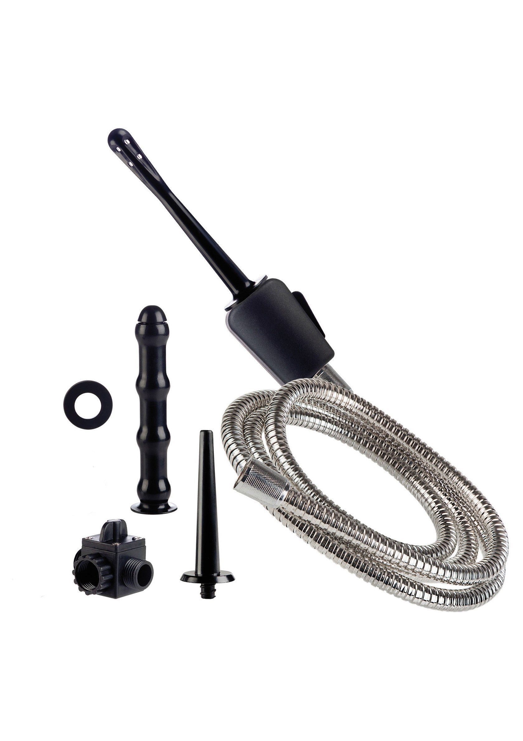 Kit d'hygiène intime comprenant embouts, pommeau de douche et tuyau. Accessoires pour un nettoyage en douceur.; Intieme hygiëneset met opzetstukken, douchekop en slang. Accessoires voor een zachte reiniging.; Intimate hygiene set including attachments, shower head and hose. Accessories for gentle cleaning.