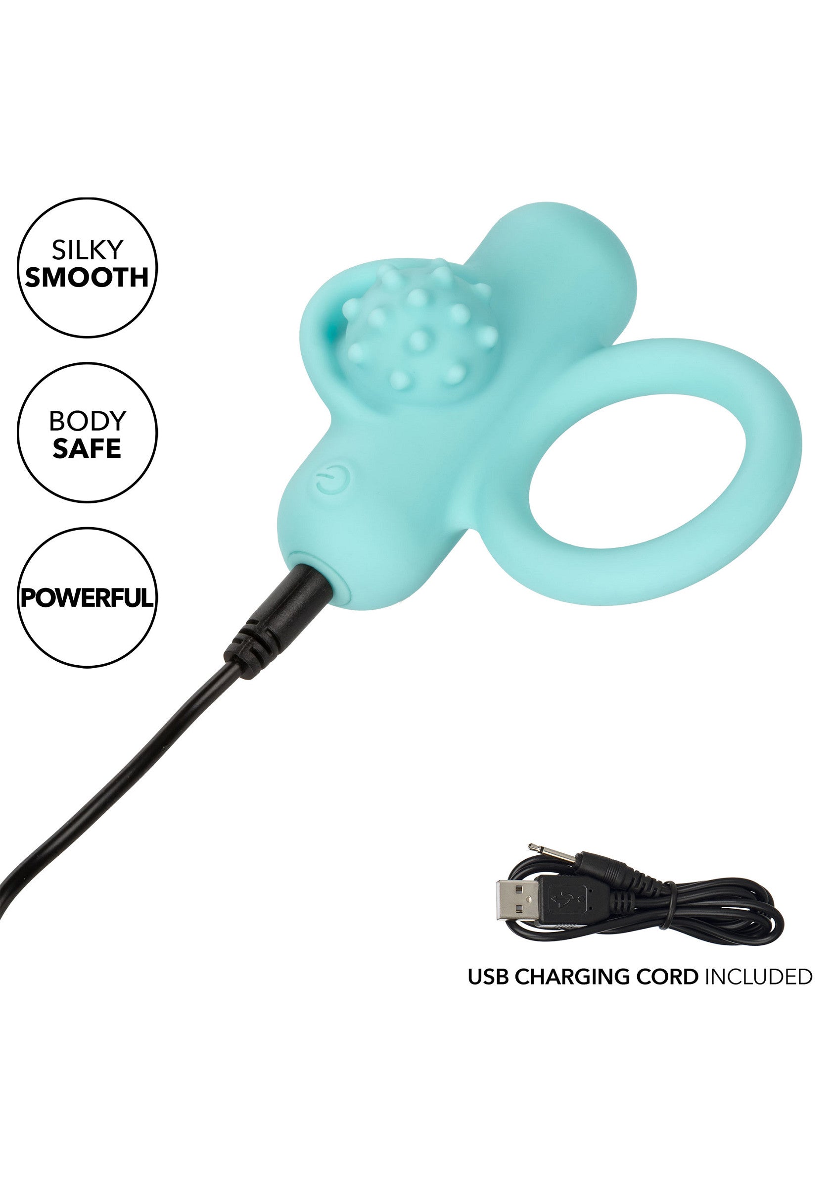 Anneau vibrant bleu turquoise avec picots, rechargeable USB, pour des sensations intenses et un plaisir partagé.; Turquoise vibrerende ring met noppen, USB oplaadbaar, voor intense sensaties en gedeeld plezier.; Teal vibrating cock ring with nubs, USB rechargeable, for intense sensations and shared pleasure.