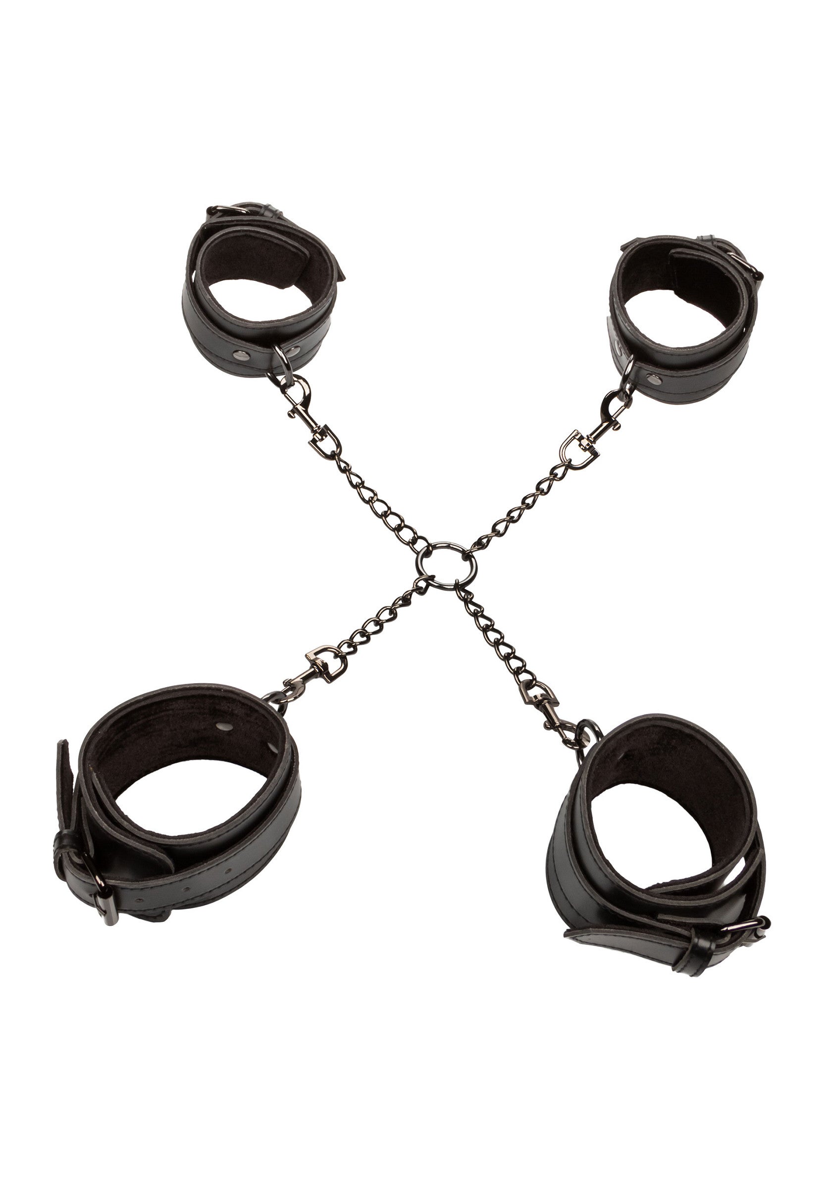 Menottes en cuir noir avec chaînes pour une expérience BDSM intense et sécurisée.; Zwarte lederen handboeien met kettingen voor een intense en veilige BDSM-ervaring.; Black leather restraints with chains for an intense and secure BDSM experience.