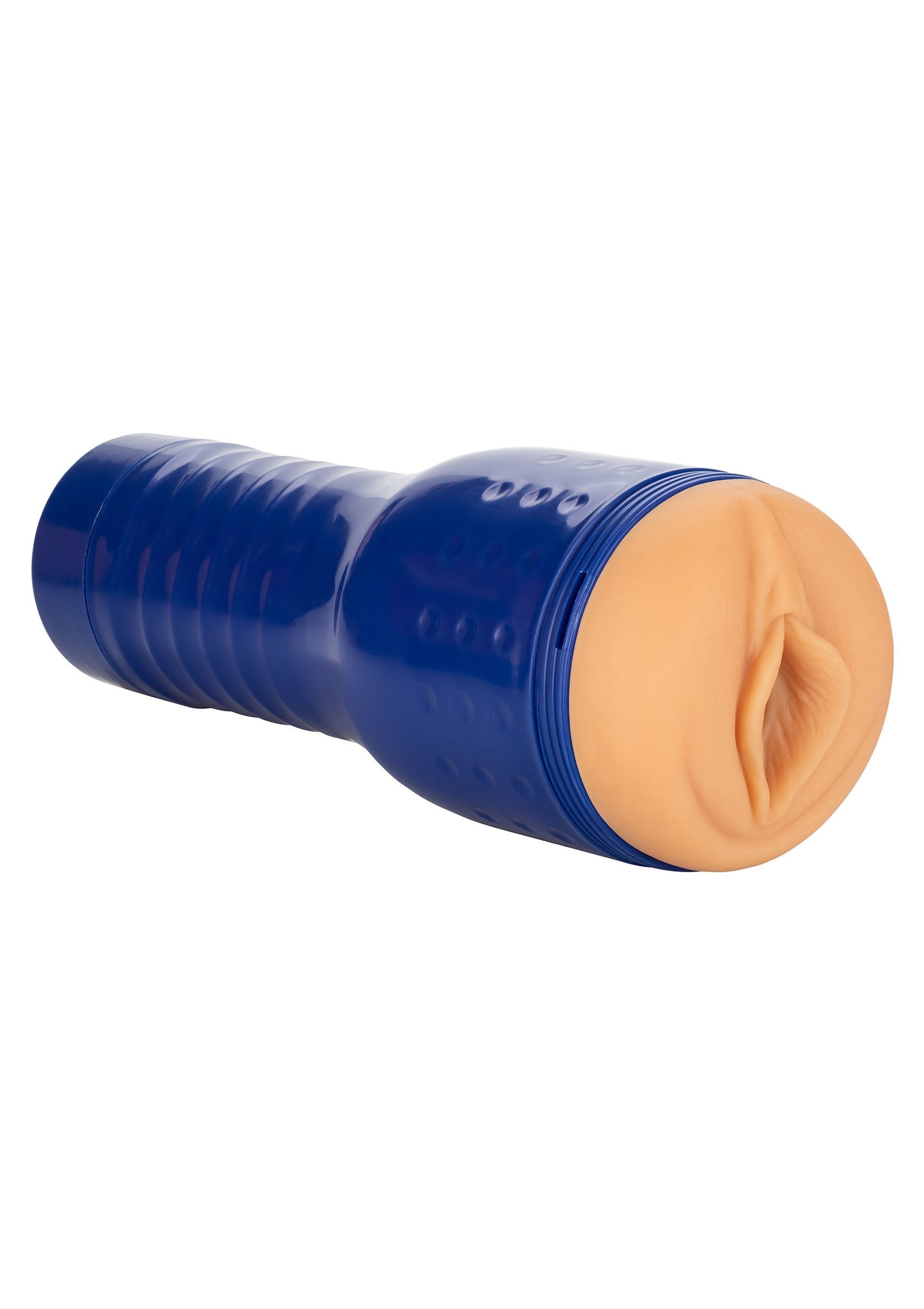 Manchon masturbatoire texturé bleu et beige pour une expérience intense et réaliste.; Blauwe en beige getextureerde masturbator voor een intense en realistische ervaring.; Blue and beige textured masturbator for an intense and realistic experience.