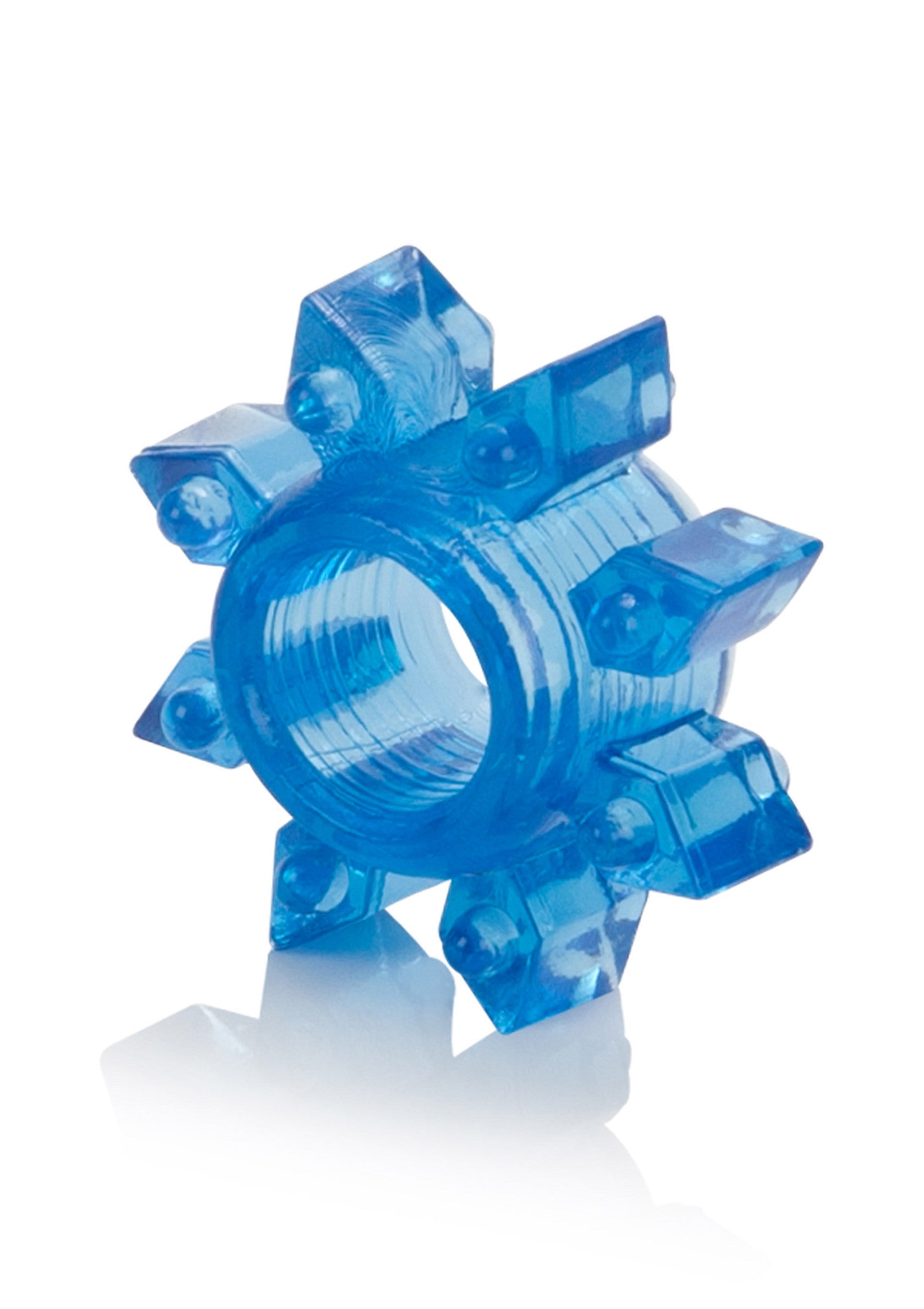 Anneau pénien texturé bleu transparent pour plus de plaisir.; Transparant blauwe getextureerde penisring voor extra plezier.; Transparent blue textured cock ring for extra pleasure.