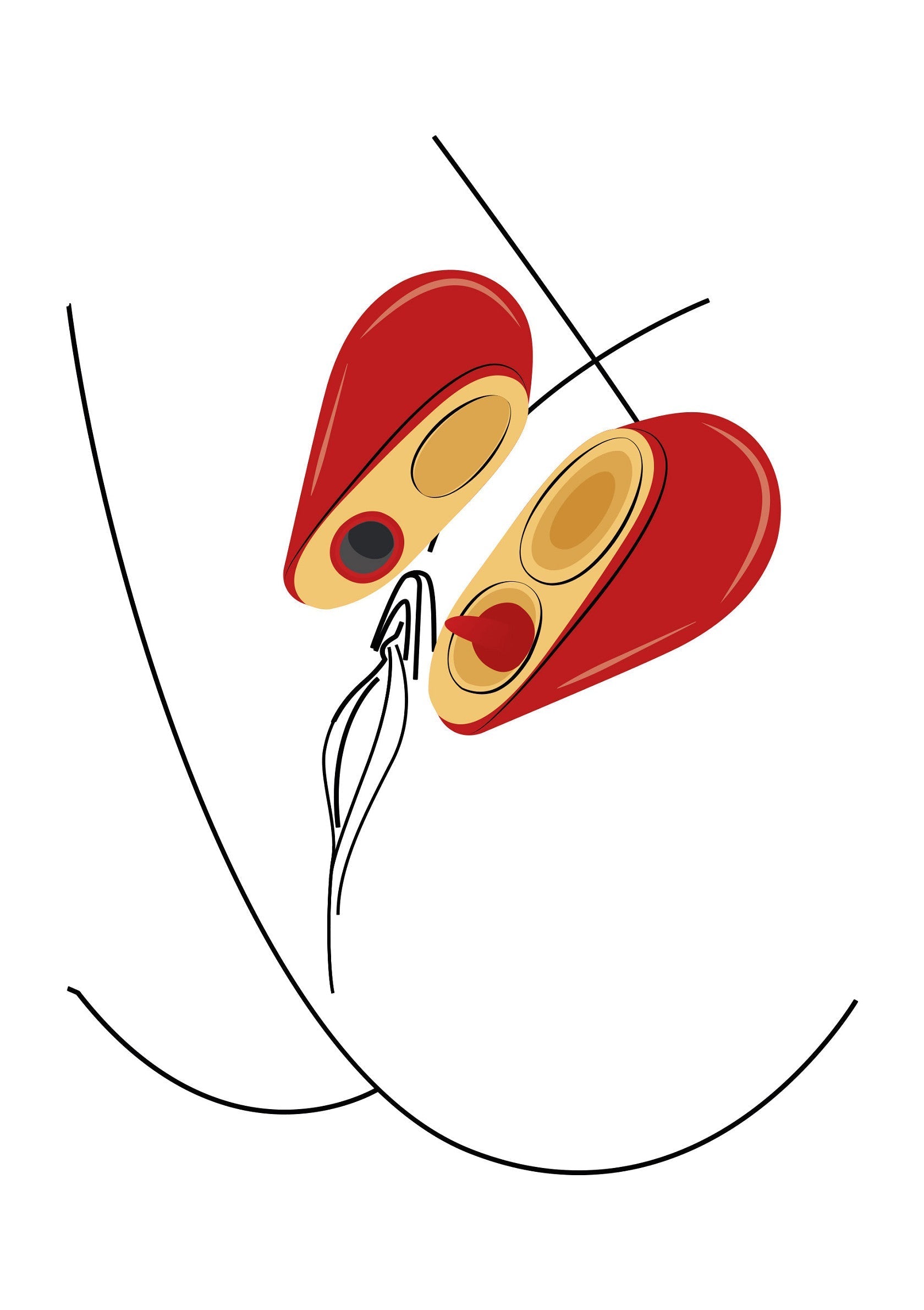 Illustration minimaliste d'un coquillage rouge et jaune, style épuré et moderne.; Minimalistische illustratie van een rode en gele schelp, strakke en moderne stijl.; Minimalist illustration of a red and yellow shell, clean and modern style.