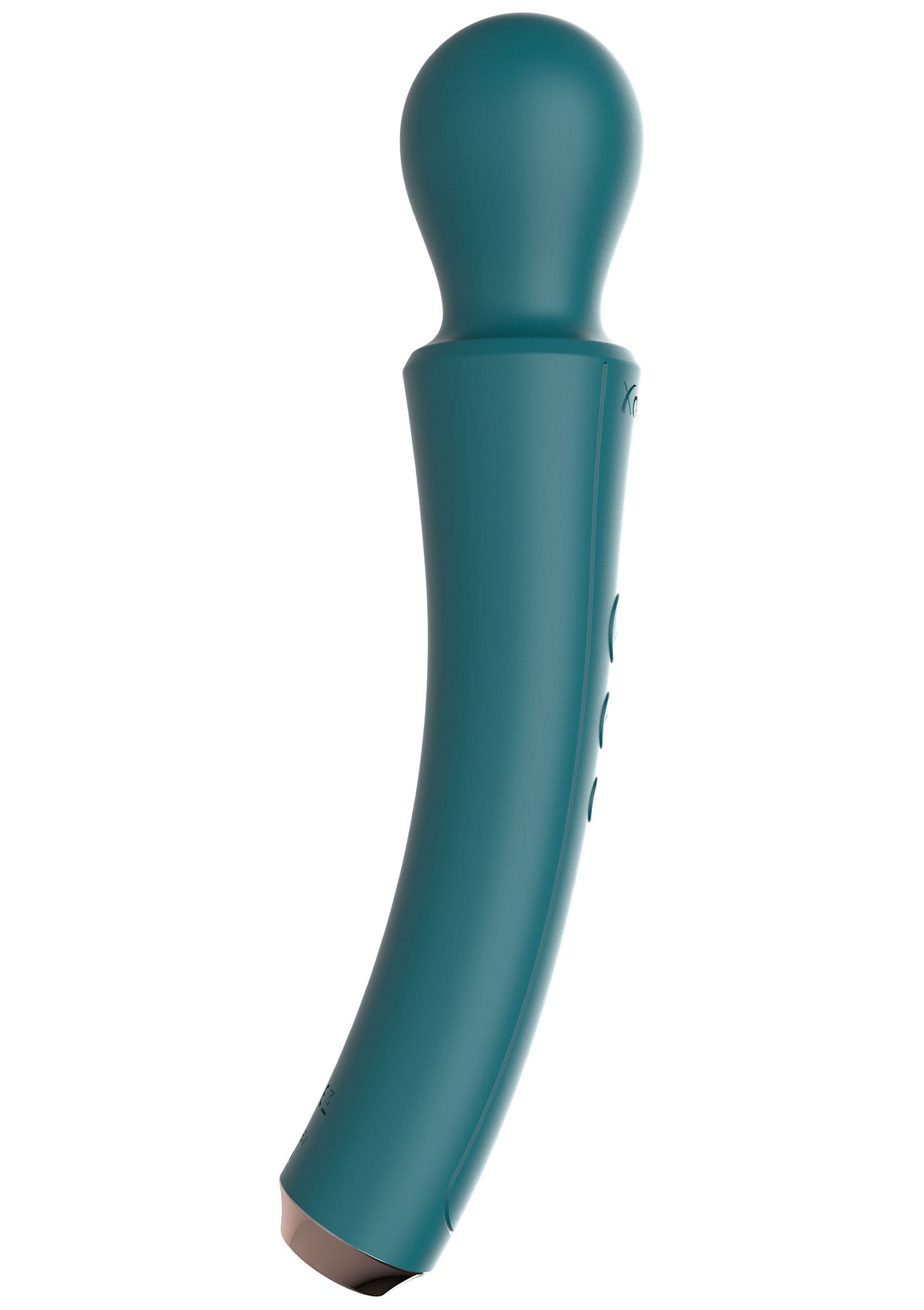 Masseur vibrant incurvé en turquoise pour le bien-être personnel.; Turquoise vibrerende stimulator voor persoonlijk welzijn.; Turquoise curved vibrator for personal wellness.