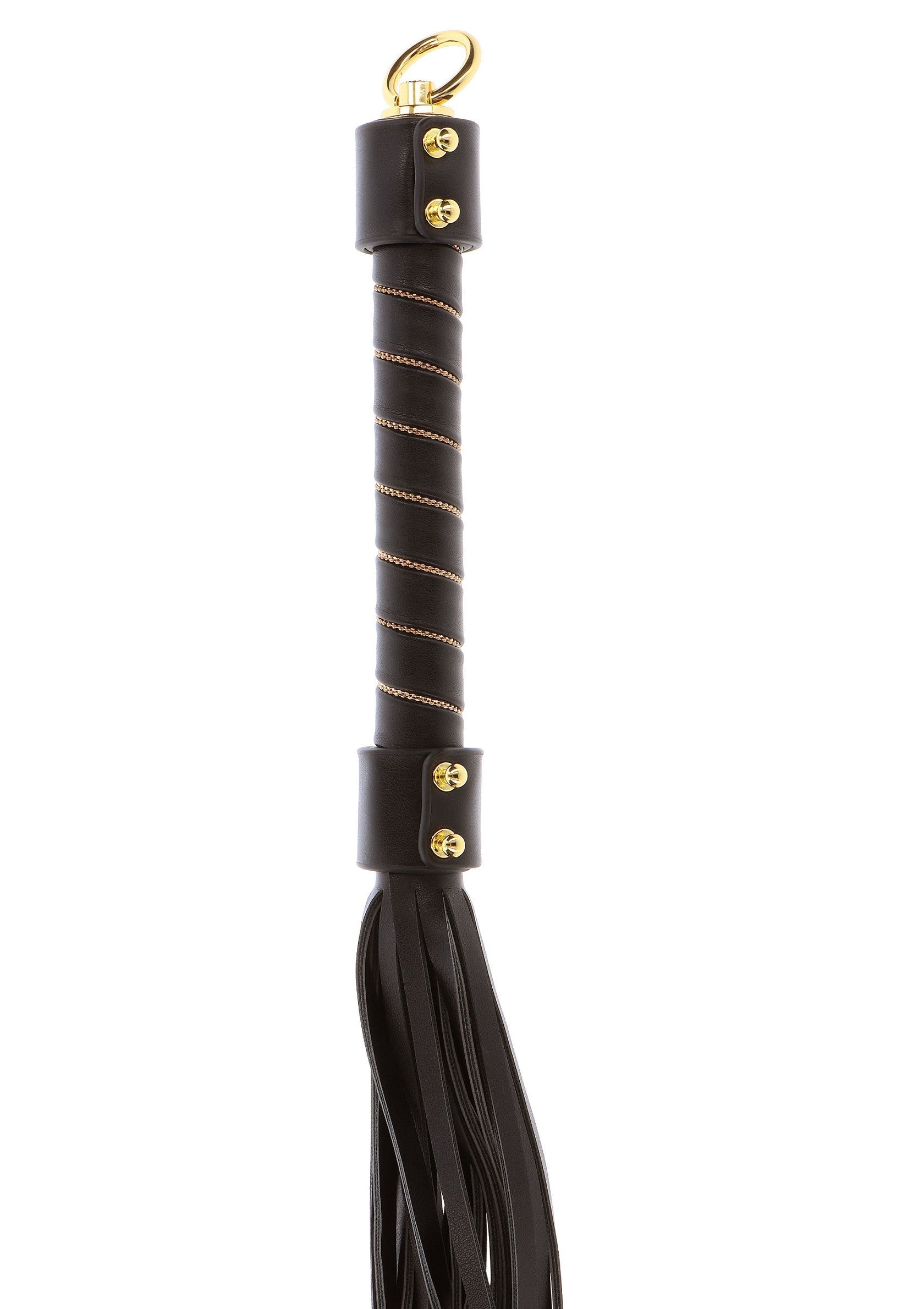 Cravache noire élégante avec détails dorés, parfaite pour ajouter du piquant.; Stijlvolle zwarte zweep met gouden details, perfect om wat pit toe te voegen.; Stylish black flogger with gold accents, perfect for adding some spice.