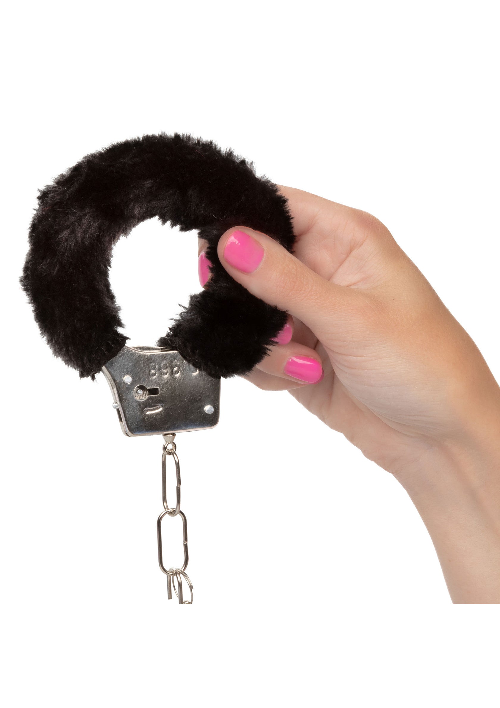Menottes noires et duveteuses pour des jeux coquins et doux.; Zachte, zwarte bont handboeien voor ondeugende en zachte spelletjes.; Soft, black furry handcuffs for naughty and gentle games.
