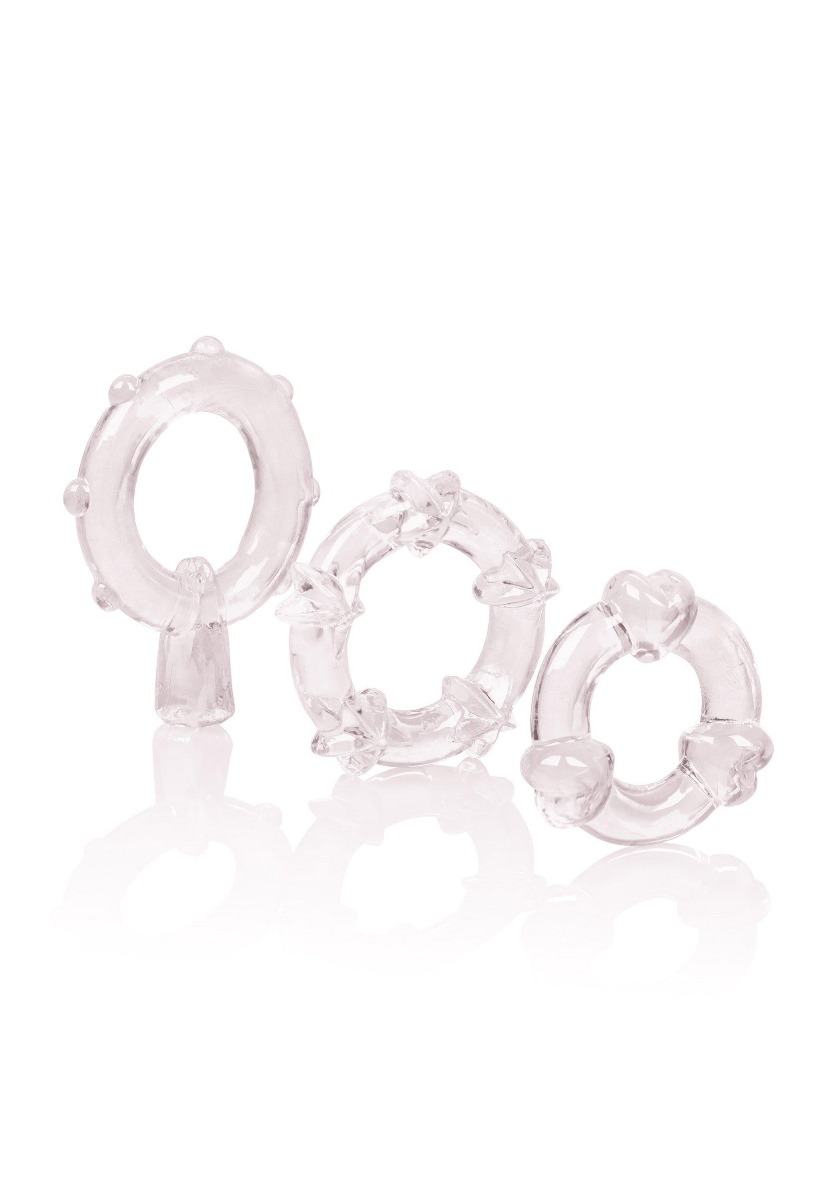 Ensemble de 3 anneaux péniens texturés transparents pour plus de plaisir et de sensations.; Set van 3 transparante getextureerde penisringen voor extra genot en sensaties.; Set of 3 clear textured cock rings for enhanced pleasure and sensations.