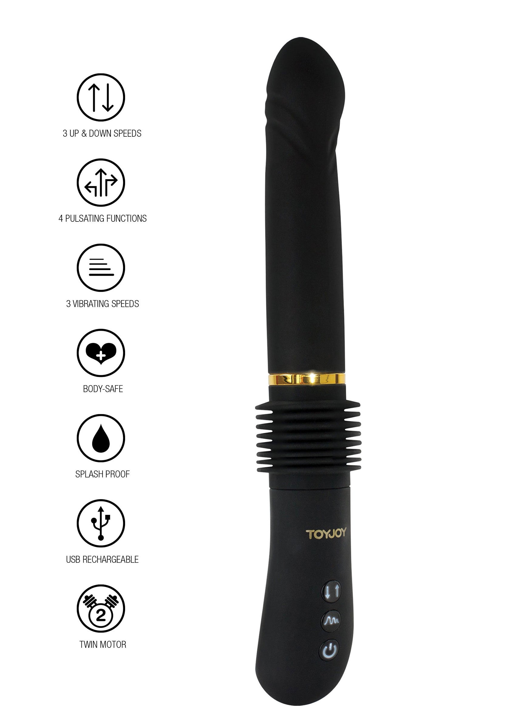 Vibromasseur noir ToyJoy avec plusieurs vitesses, étanche et rechargeable par USB pour le plaisir personnel.; Zwarte ToyJoy vibrator met meerdere snelheden, spatwaterdicht en USB oplaadbaar voor persoonlijk plezier.; Black ToyJoy vibrator with multiple speeds, splash-proof and USB rechargeable for personal pleasure.