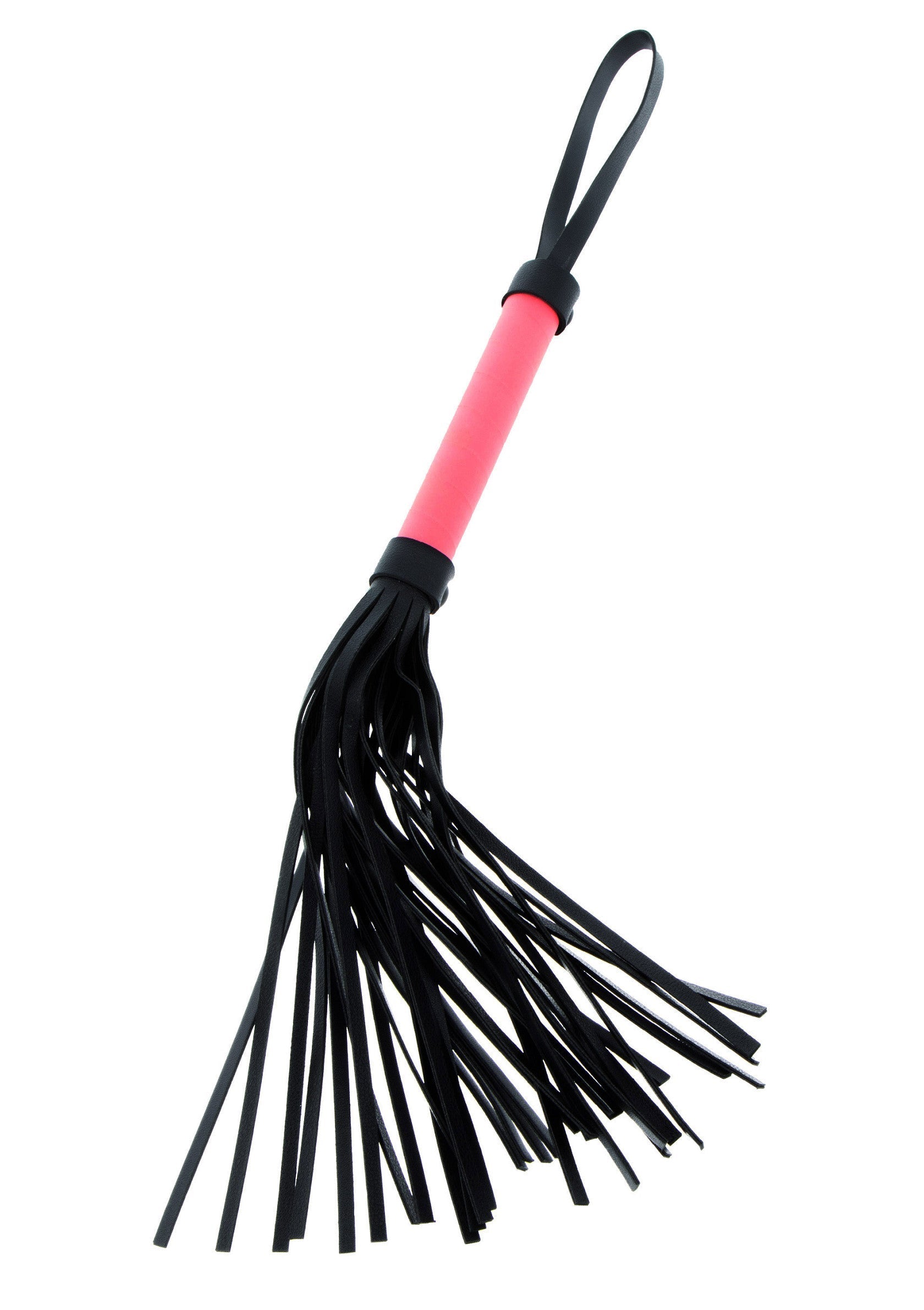 Cravache rose et noire pour adultes, parfaite pour les jeux de rôle coquins et les séances de BDSM.; Roze en zwarte zweep voor volwassenen, perfect voor ondeugende rollenspellen en BDSM-sessies.; Pink and black adult flogger, perfect for naughty roleplay and BDSM sessions.